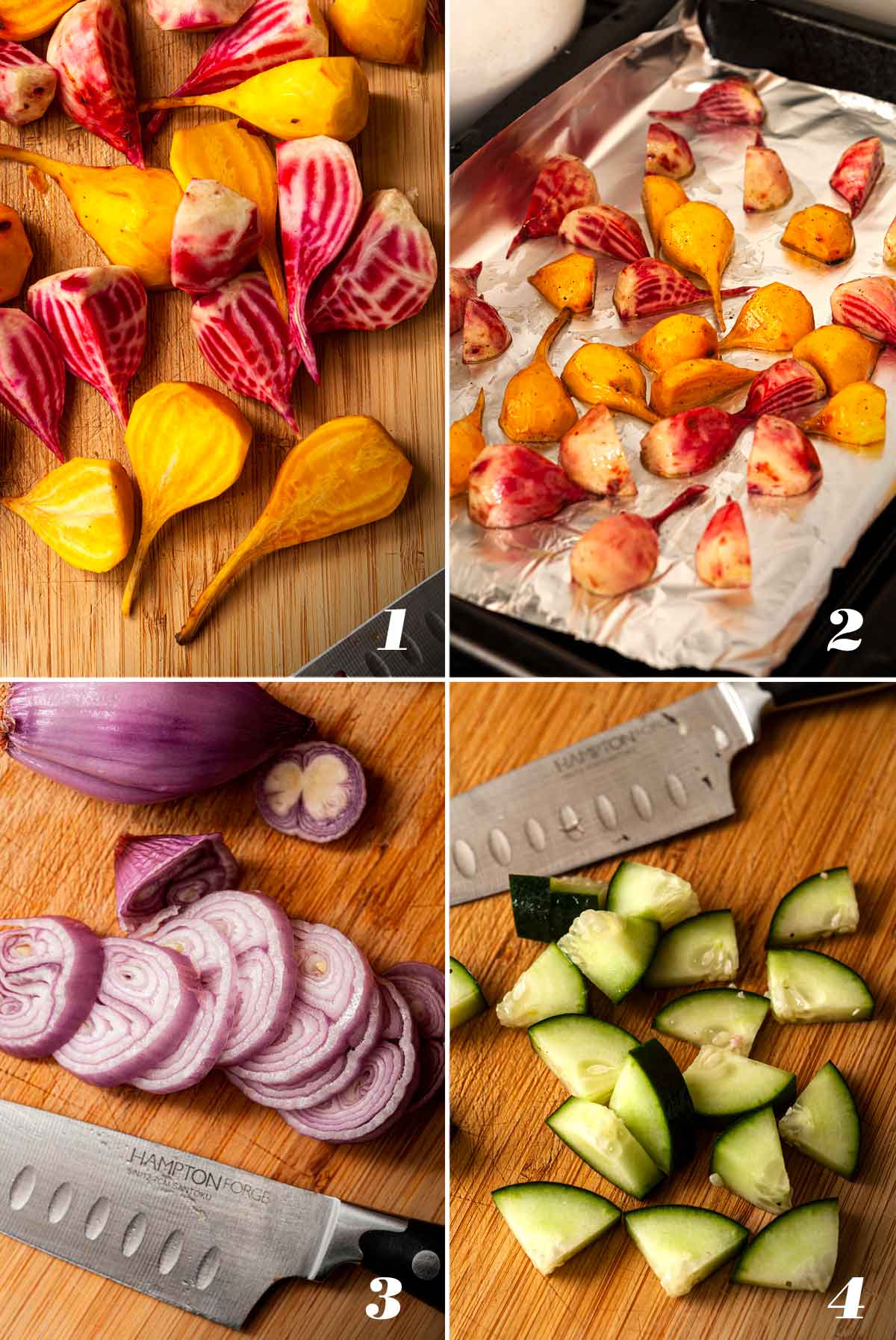A collage of 4 numbered images showing how to prepare Halloween salad ingredients.