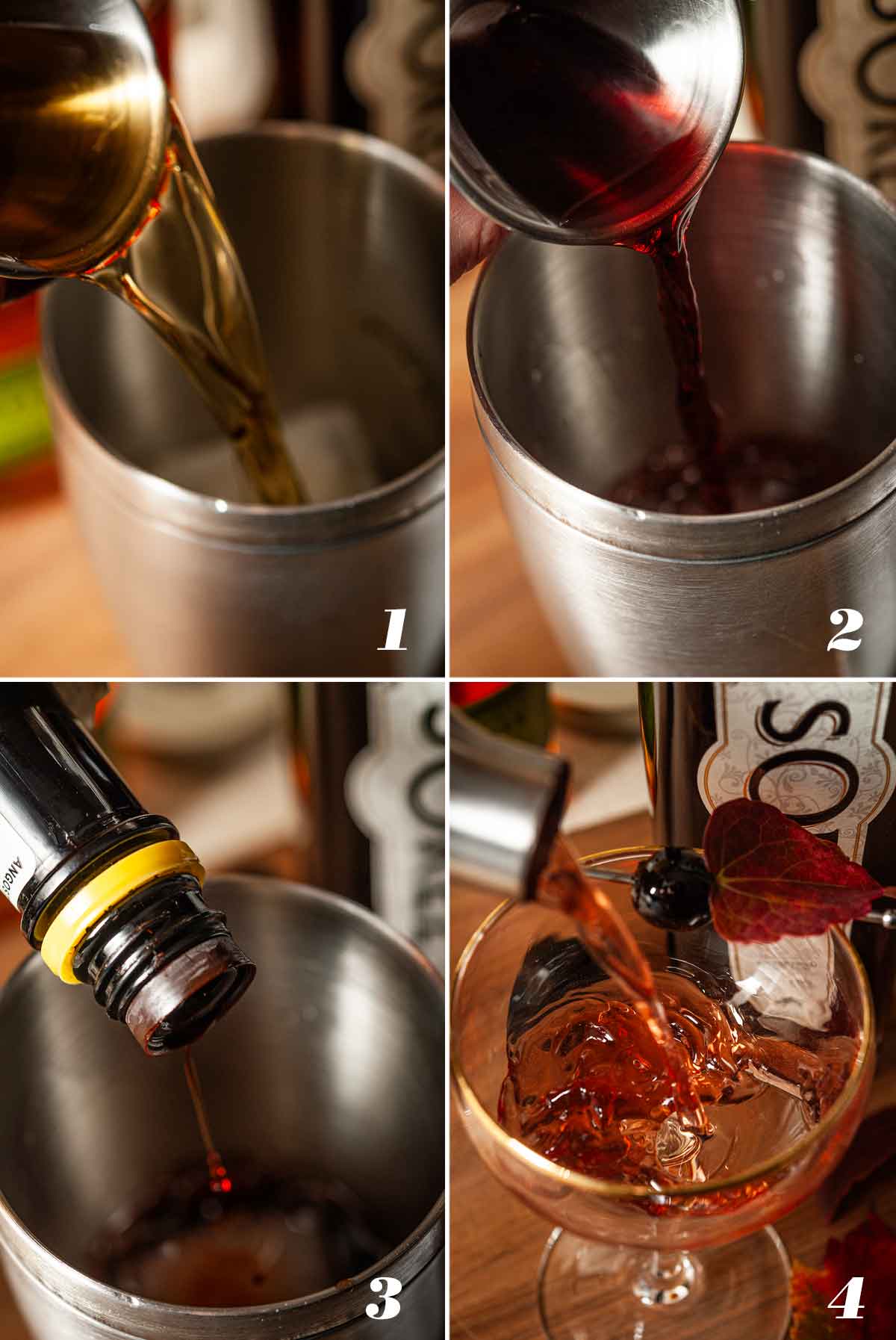 A collage of 4 numbered images showing how to make an Autumn in New York cocktail.