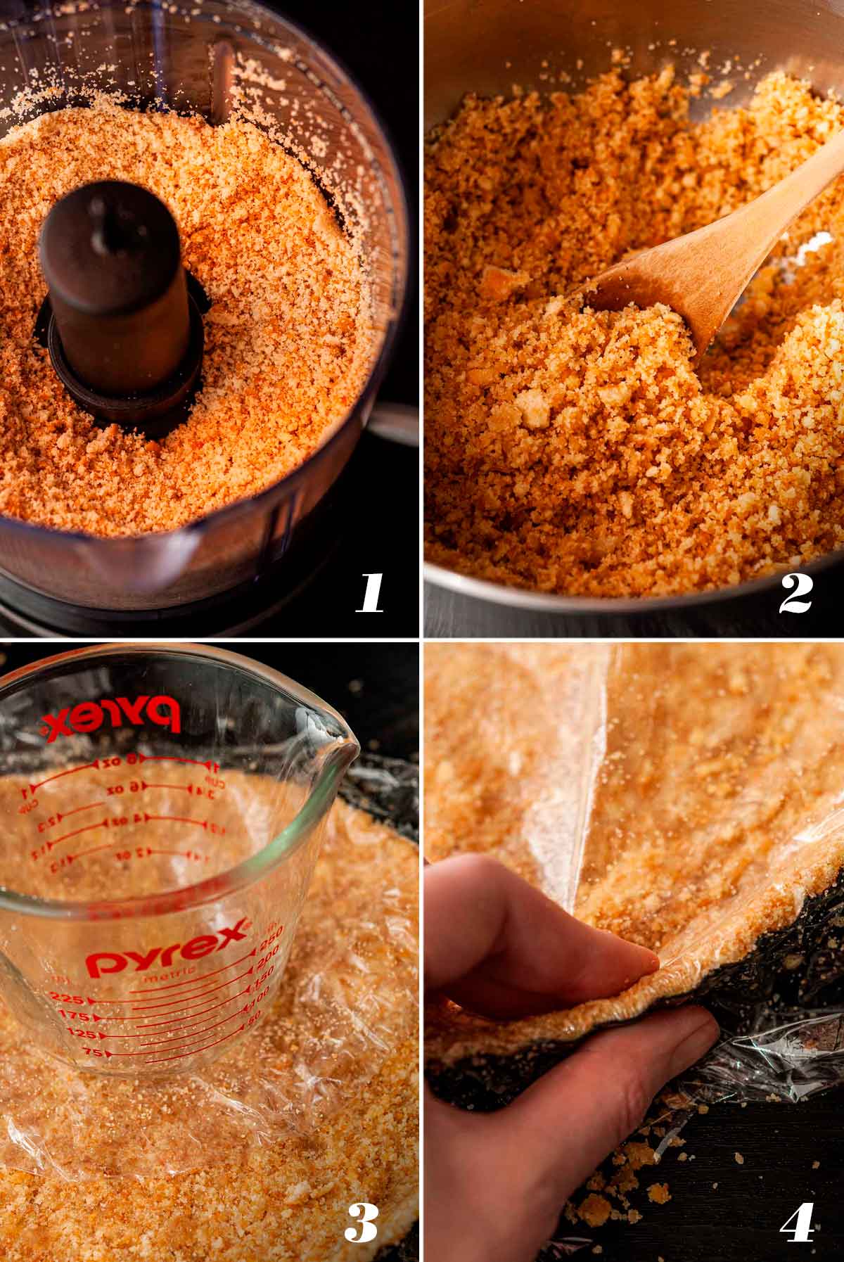 A collage of 4 numbered images showing how to make cheesecake crust.