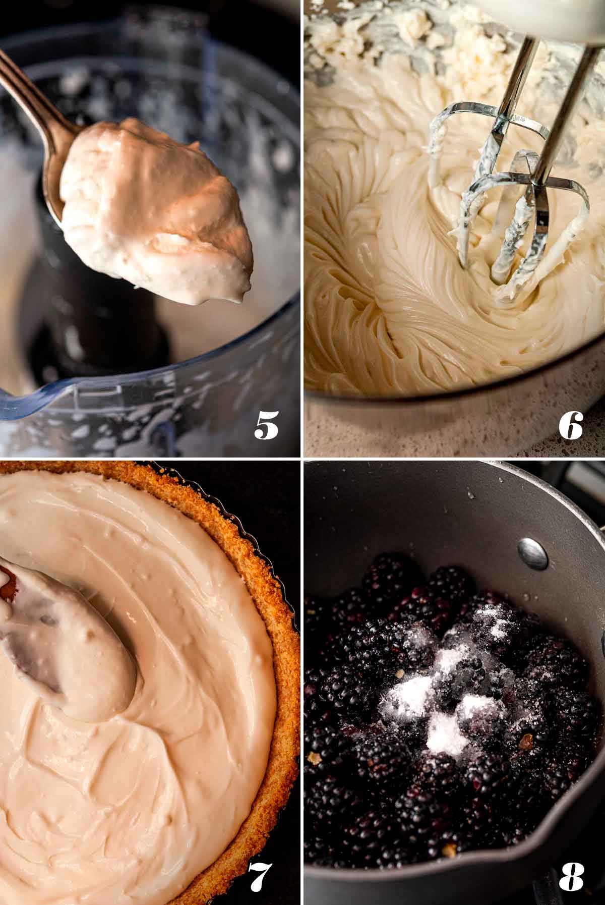 A collage of 4 numbered images showing how to make cheesecake and compote.
