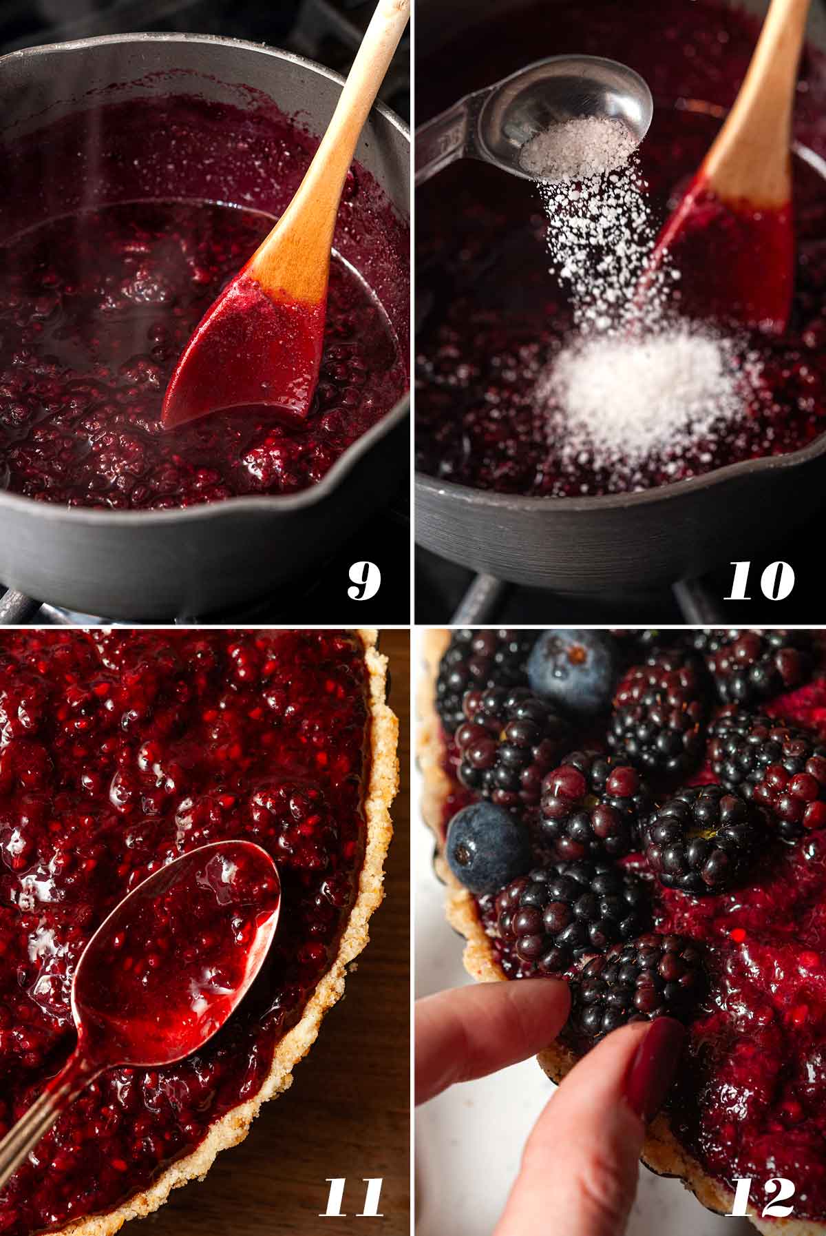 A collage of 4 numbered images showing how to make blackberry Sorel compote and adding to cheesecake.