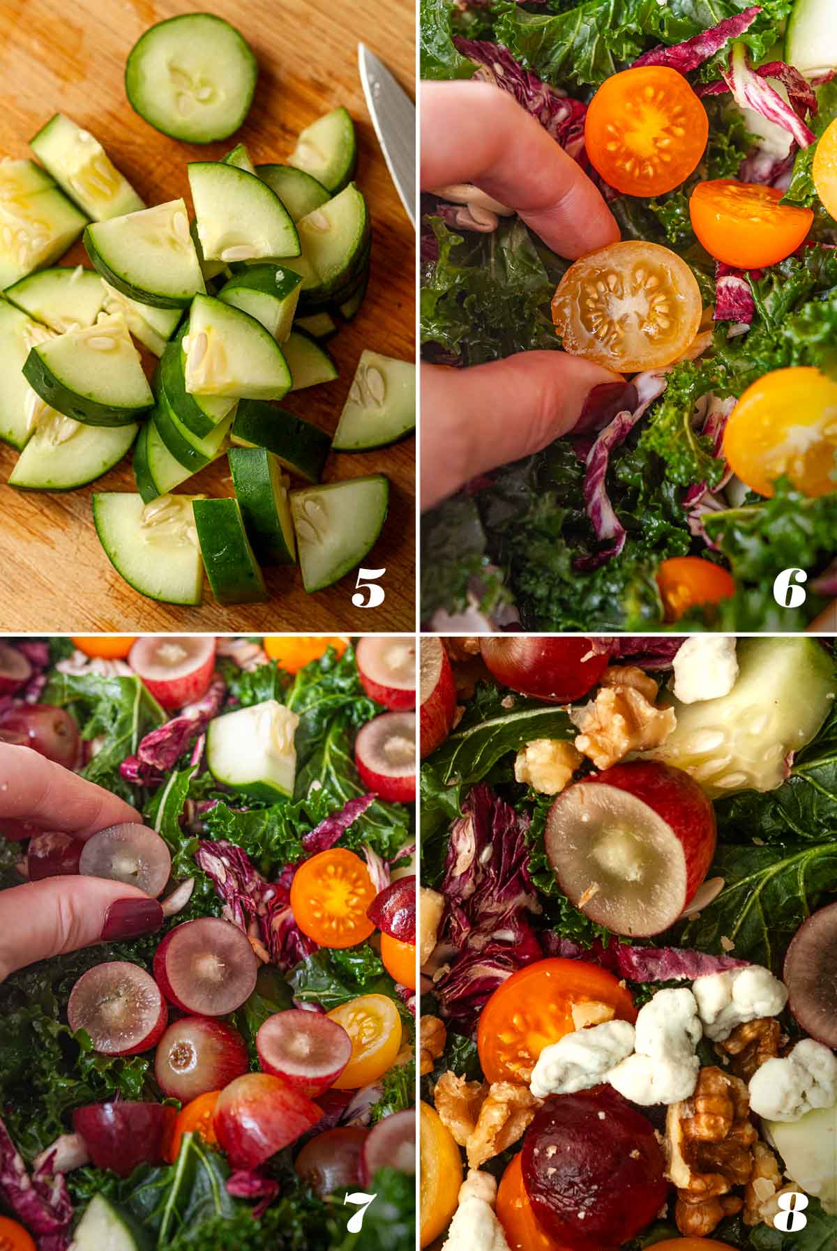 A collage of 4 numbered images showing how to assemble grape and kale salad.