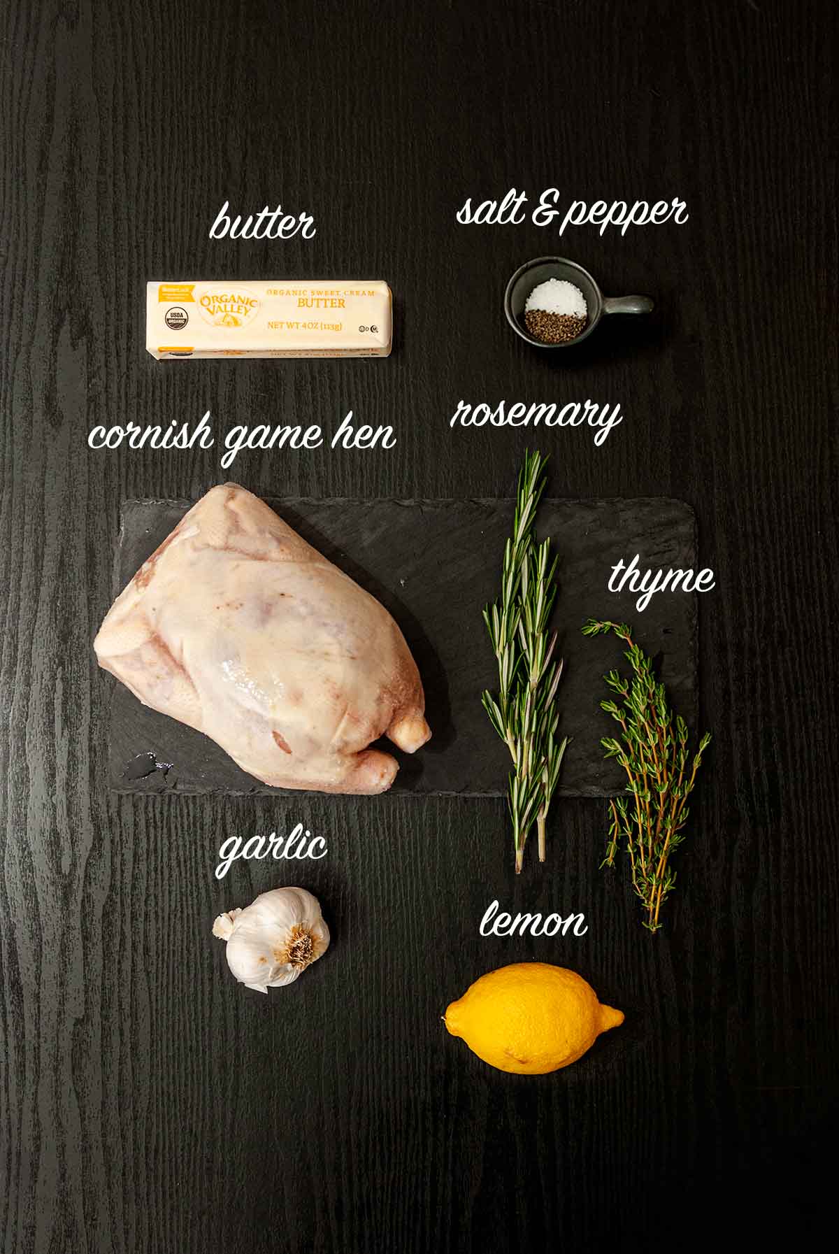 7 ingredients on a table with labels describing what they are.