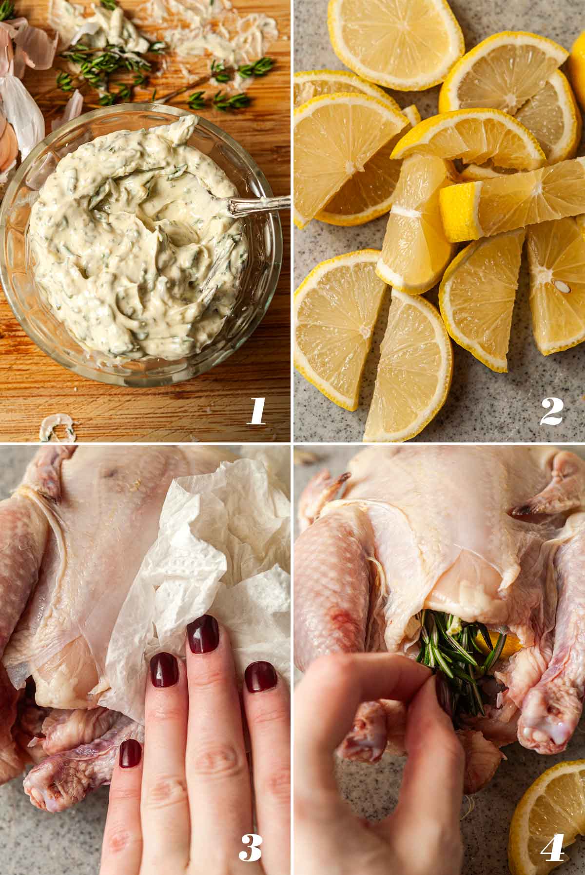 A collage of 4 numbered images showing how to prepare herbed Cornish game hen.