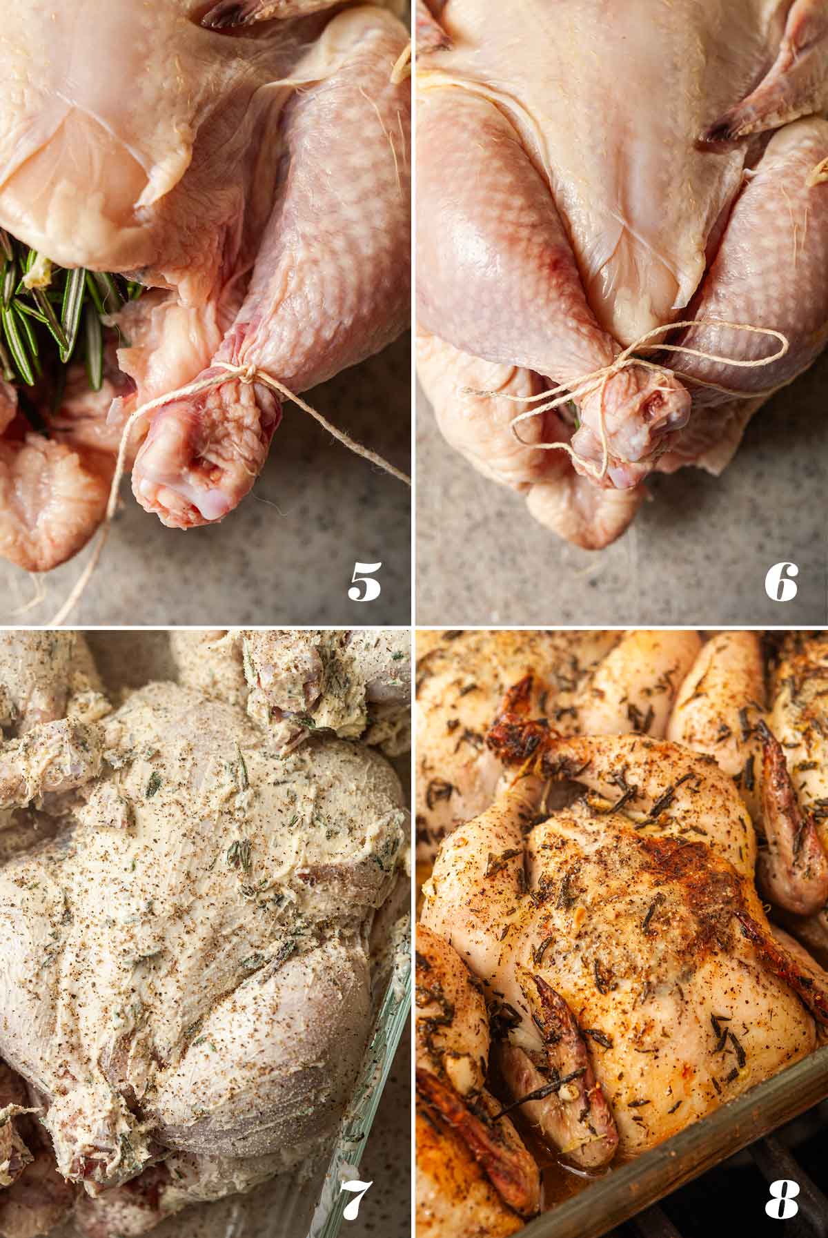 A collage of 4 numbered images showing how to roast Cornish game hen.