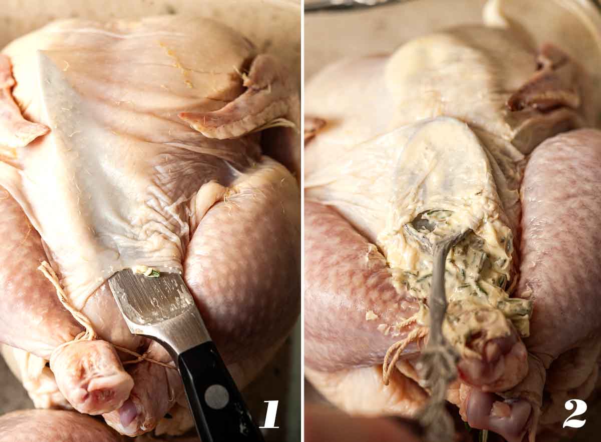 2 numbered images showing how to place herb butter beneath hen skin.