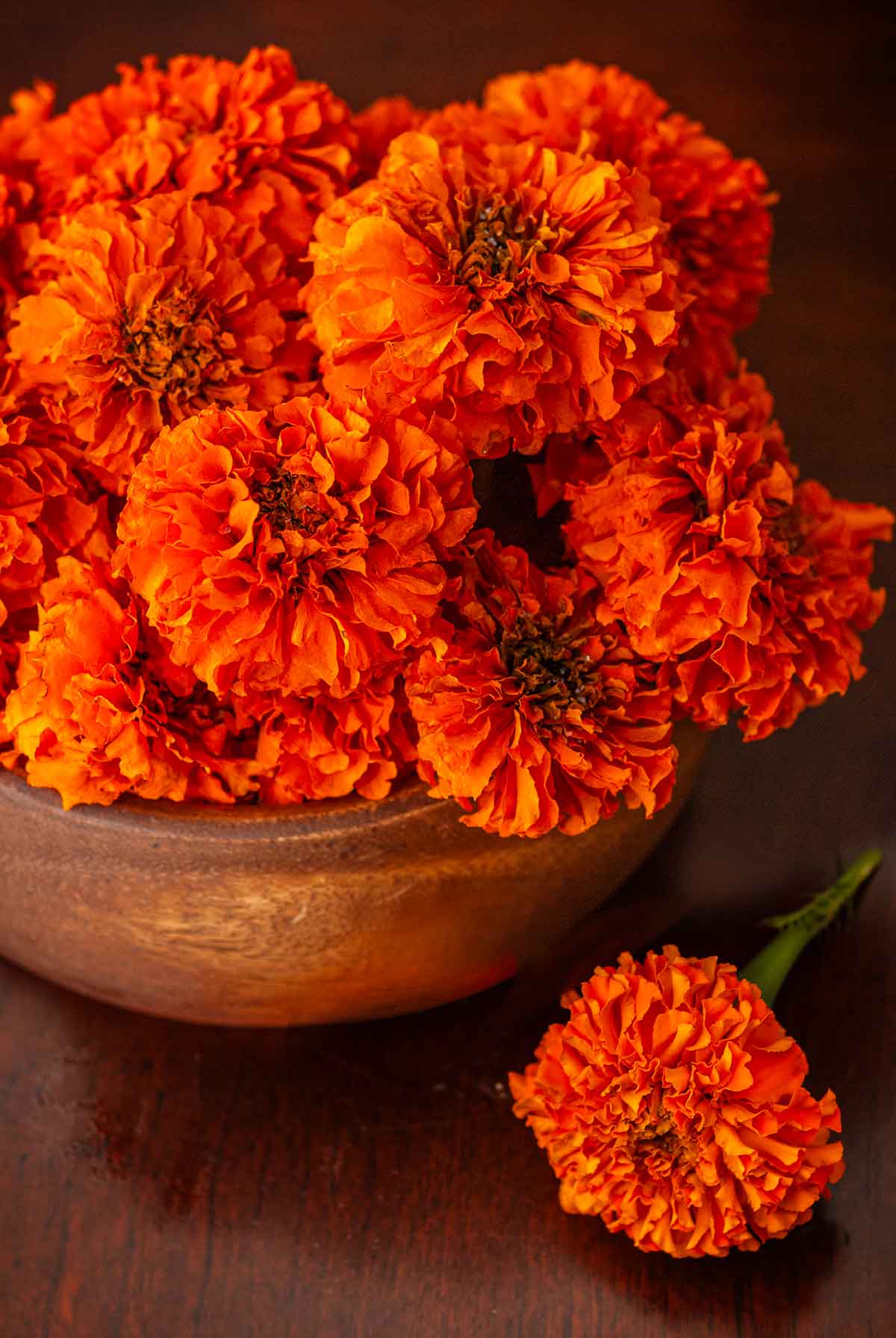 A bowl of about 12 dry marigolds beside 1 blossom on a table.