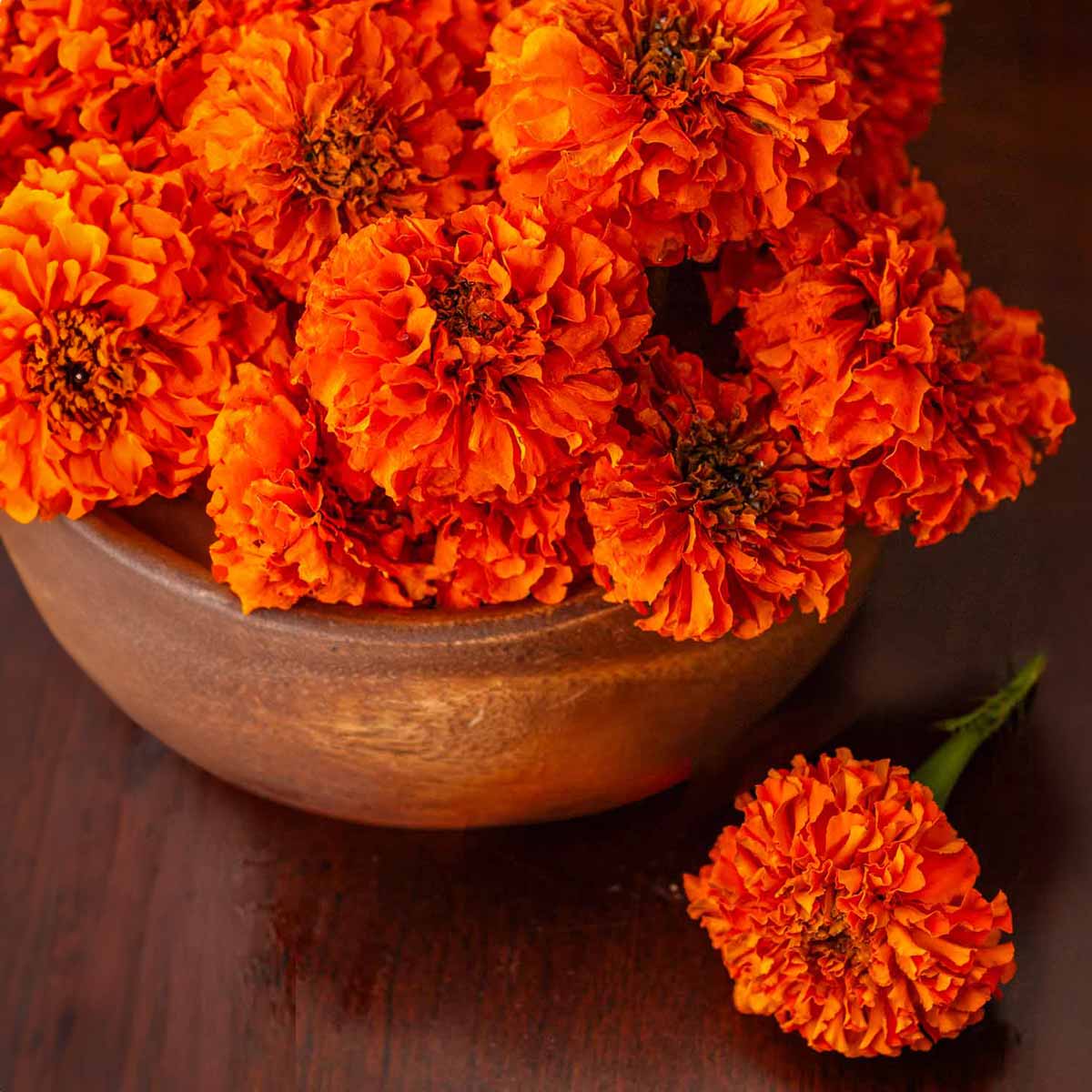 A bowl of dried marigolds on a table.