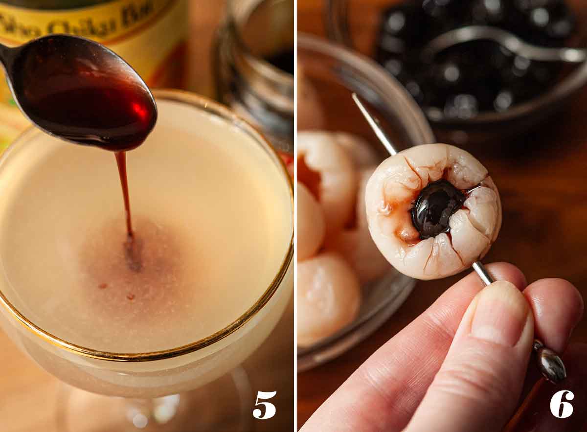 2 numbered images showing how to garnish a cocktail with an eyeball garnish.