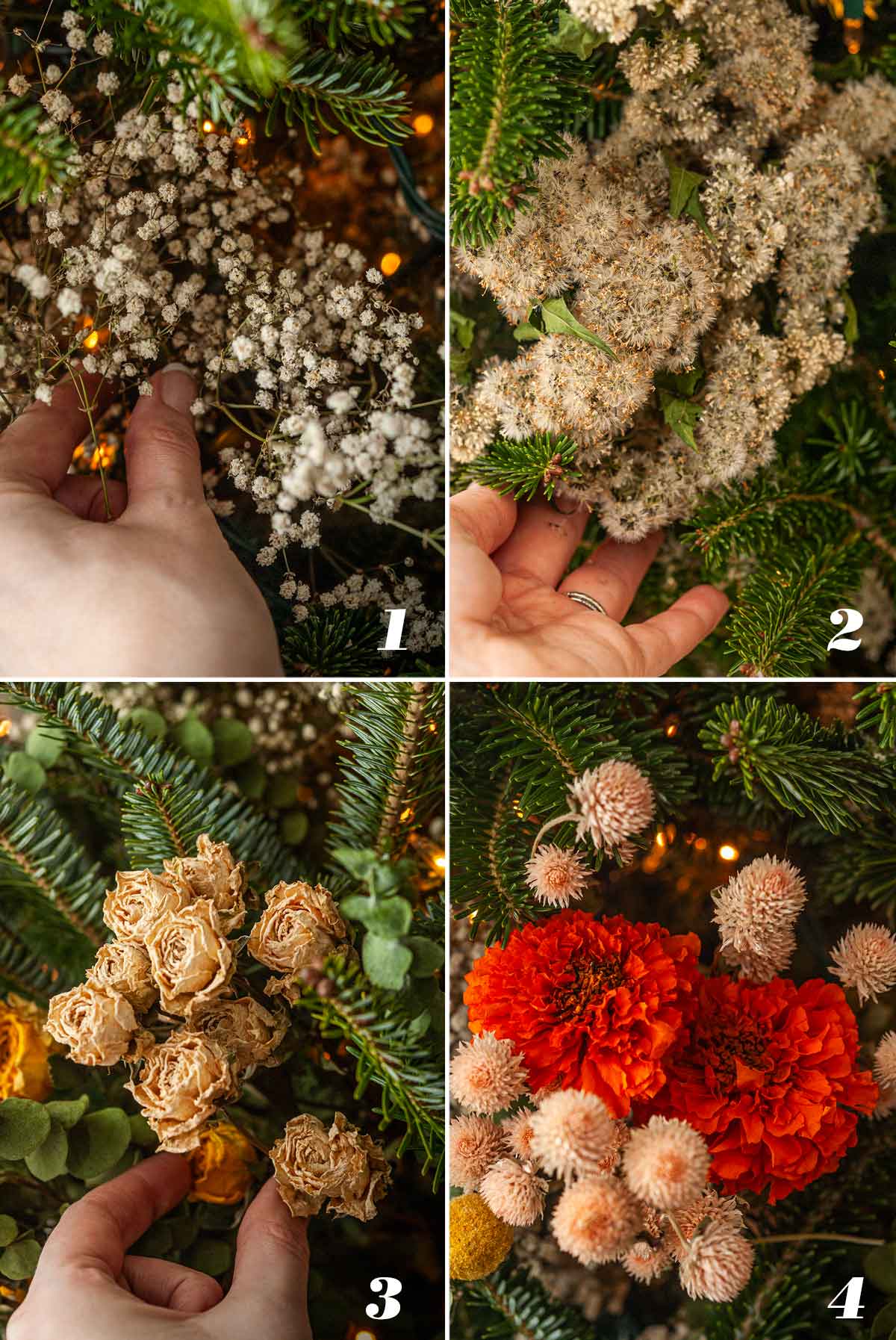 A collage of 4 numbered images showing how to decorate a Christmas tree with roses and marigolds.