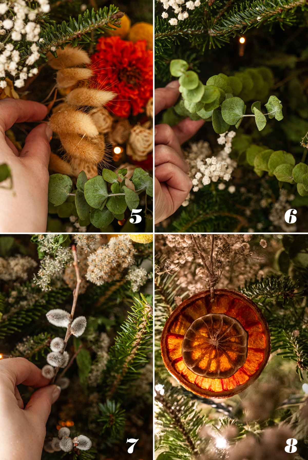 A collage of 4 numbered images showing how to decorate a Christmas tree wit natural touches.