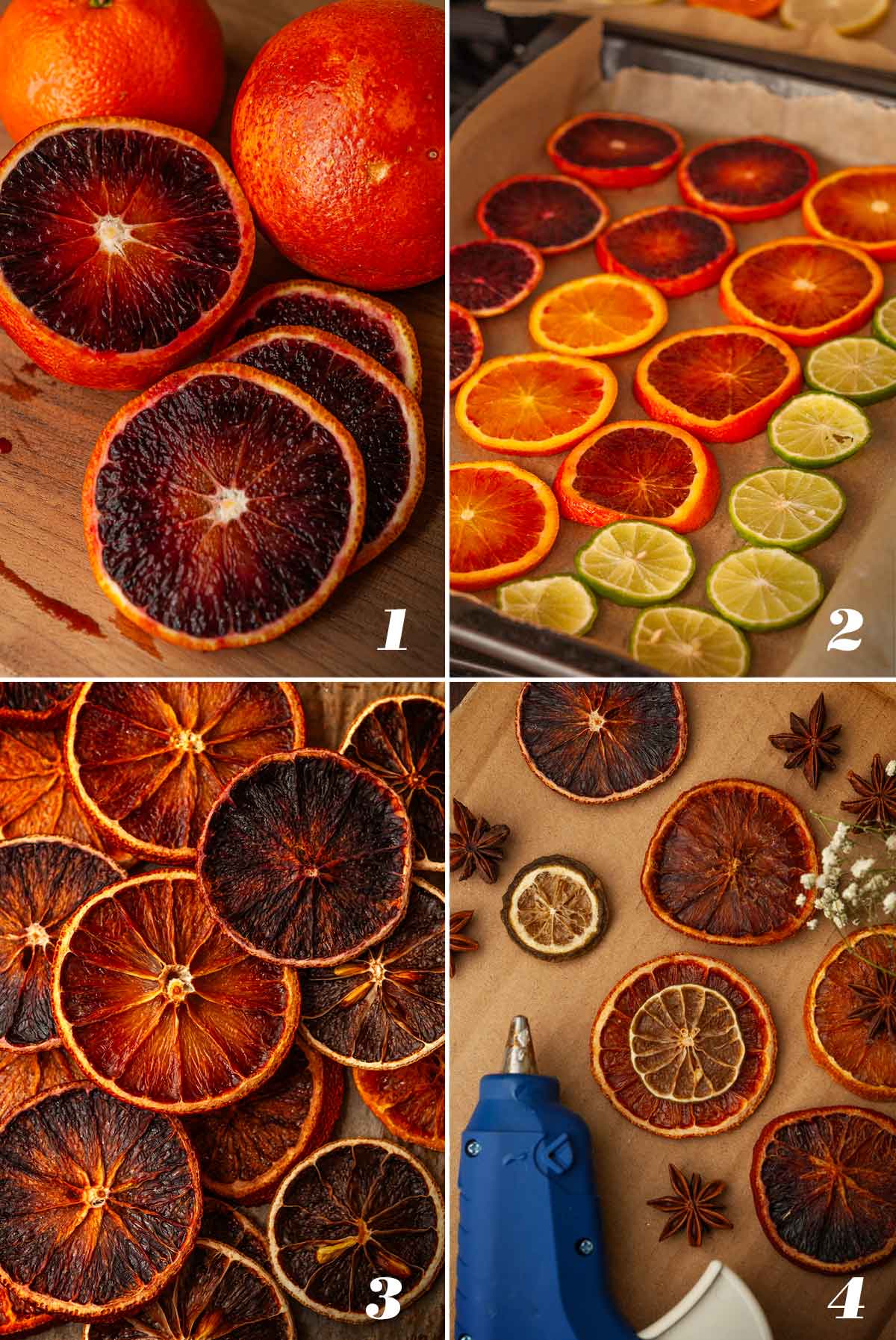 A coallge of 4 numbered images showing how to make citrus ornaments.