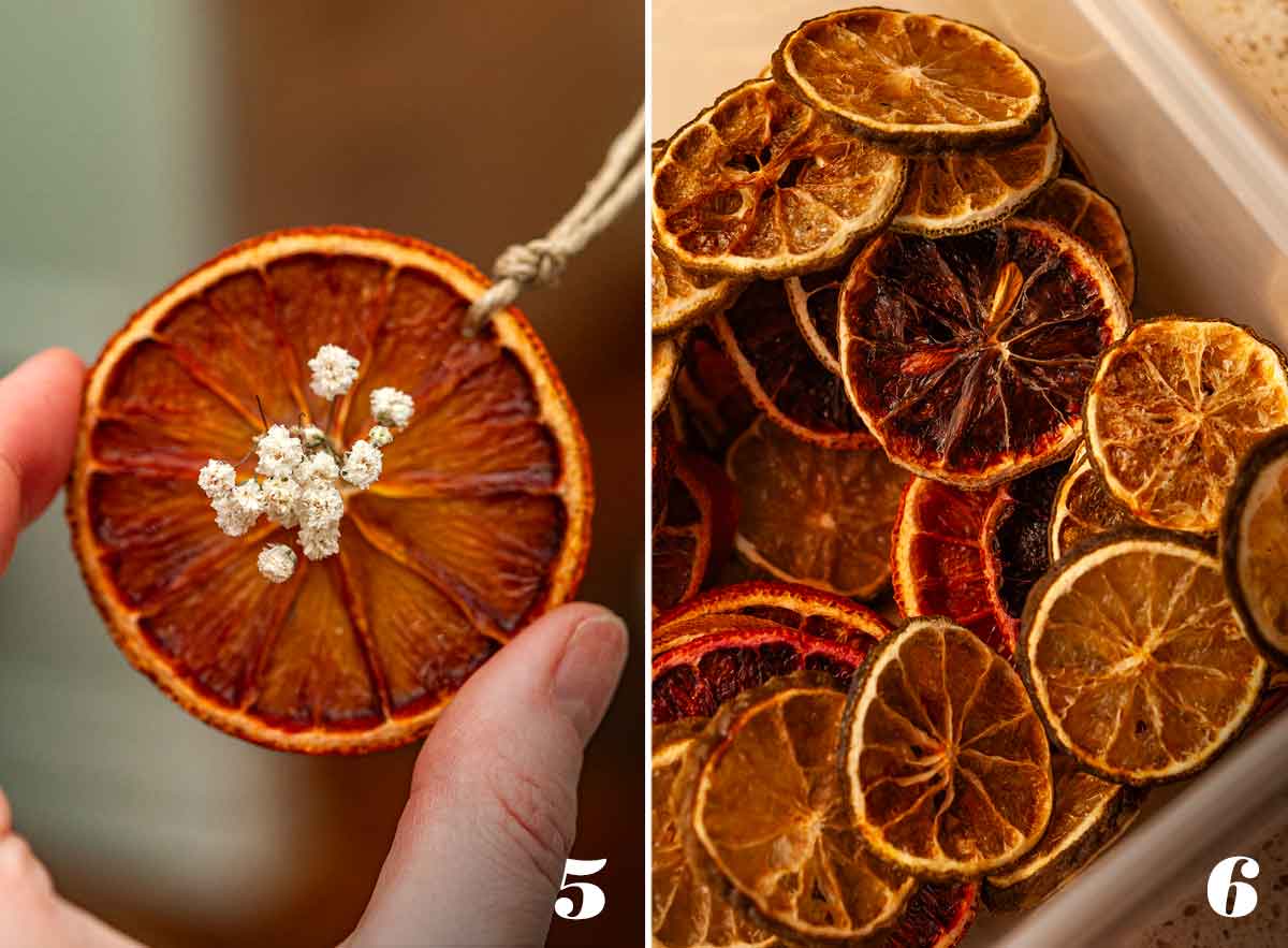2 numbered images showing how to decorate and store citrus ornaments.