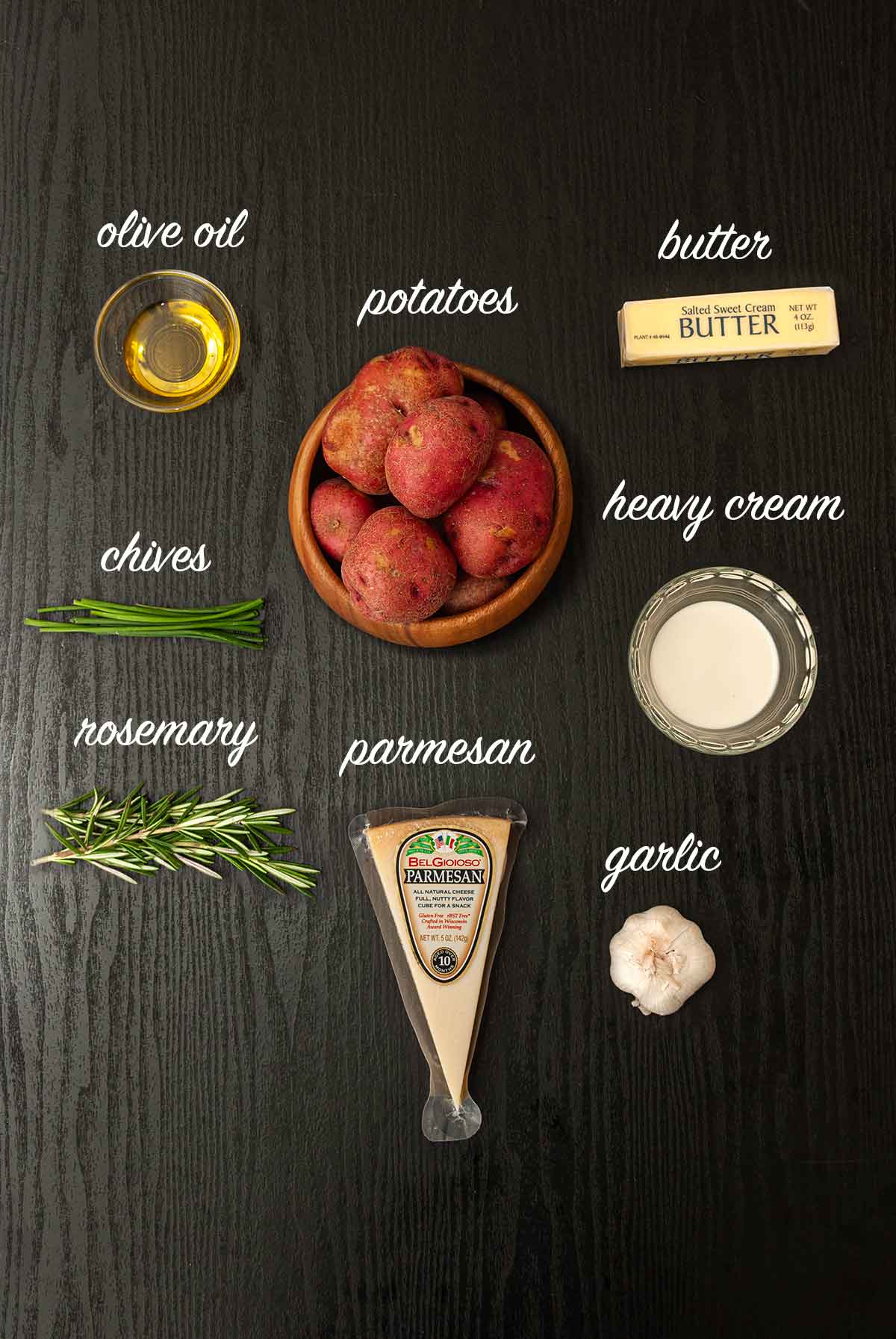 7 ingredients on a table with labels describing what they are.