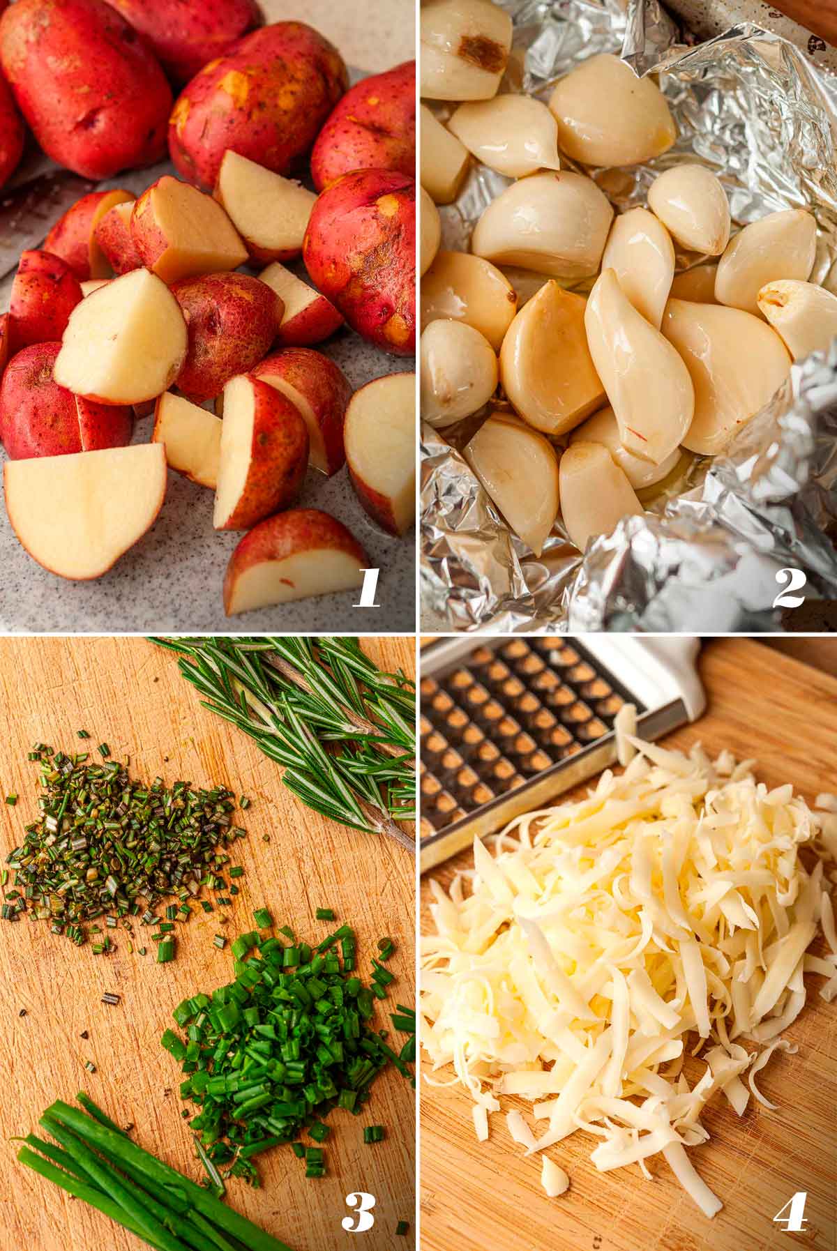 A collage of 4 numbered images showing how to prep mashed potatoes.