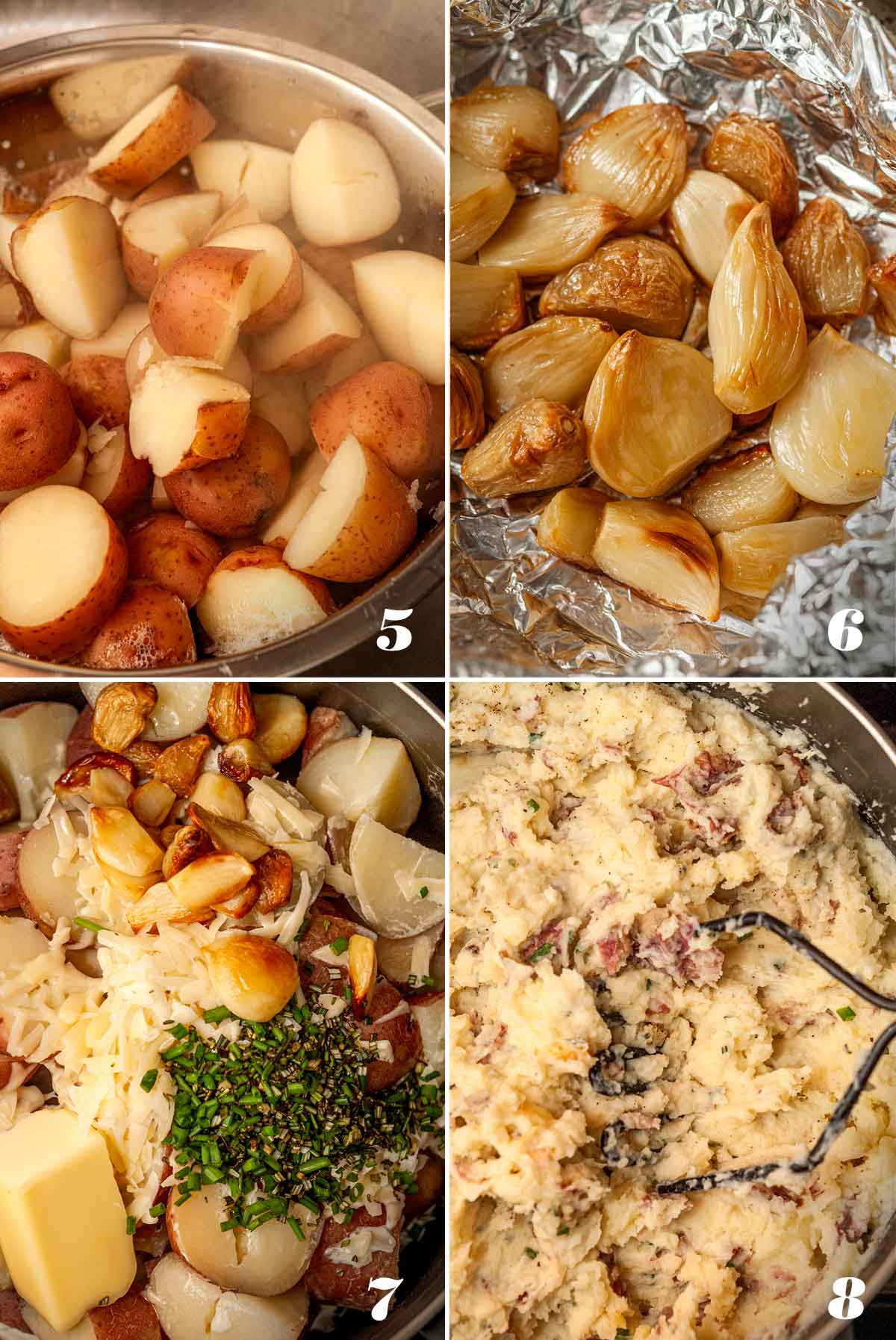 A collage of 4 numbered images showing how to create mashed potatoes.