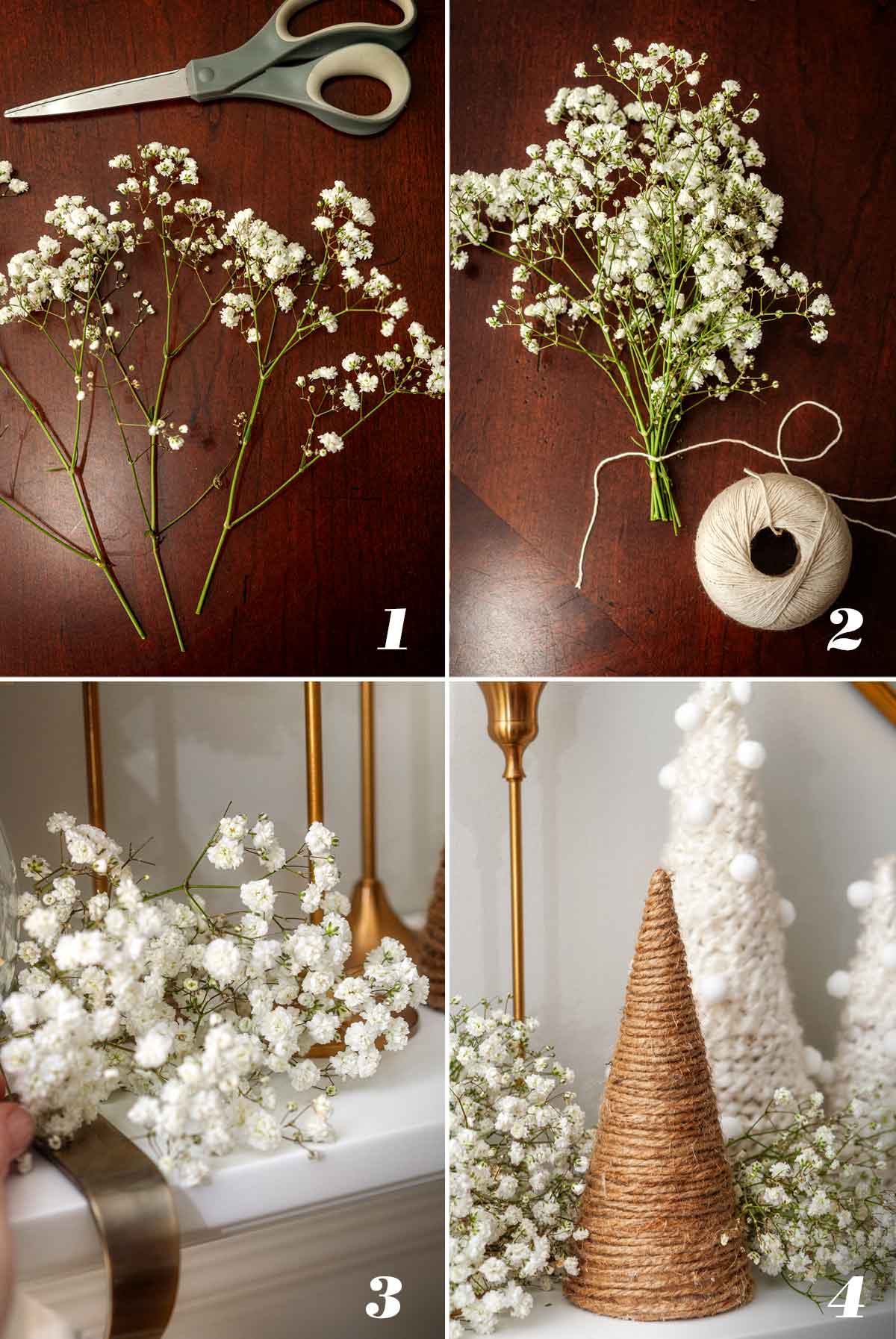 A collage of 4 numbered images showing how to add baby's breath to a mantle.