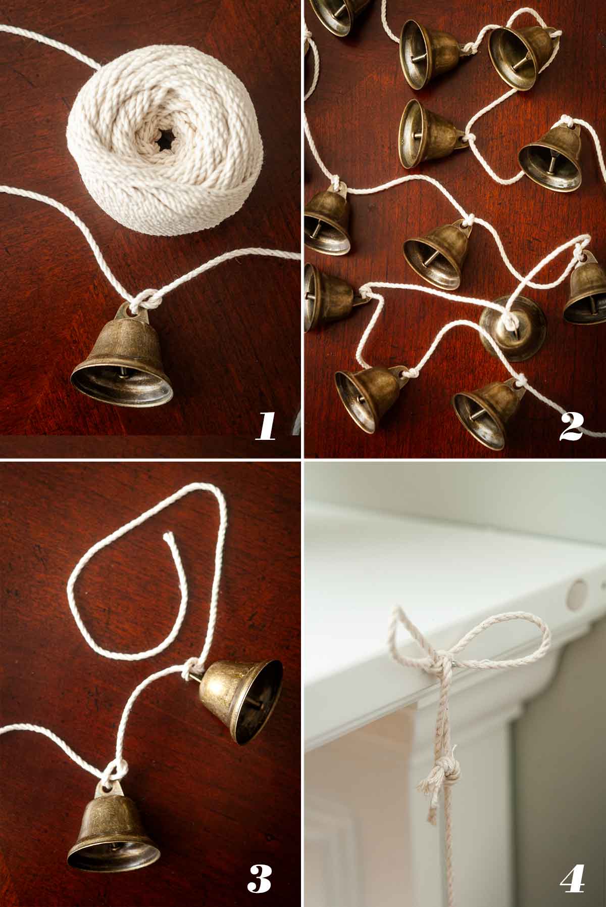 A collage of 4 numbered images showing how to make bell garland.