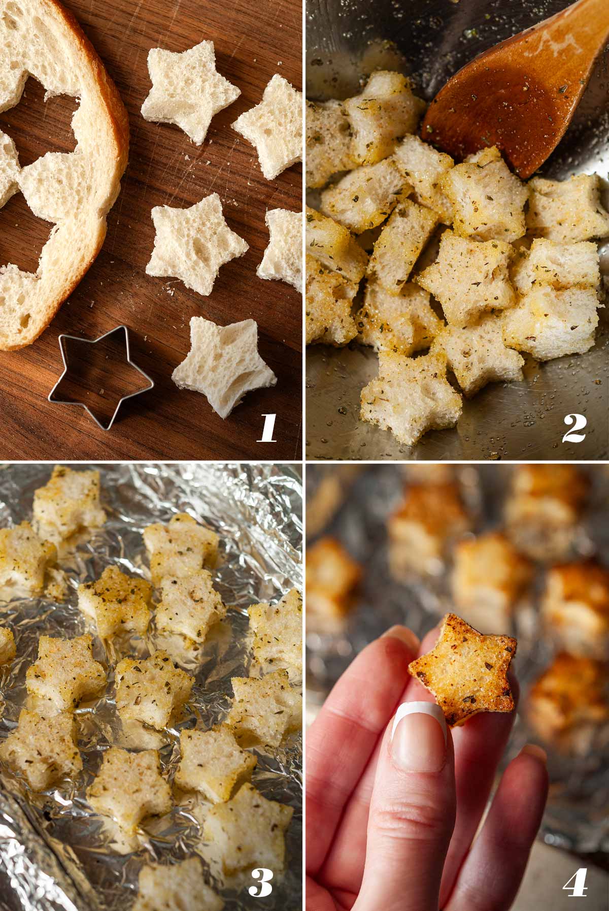 A collage of 4 numbered images showing how to make star-shaped croutons.