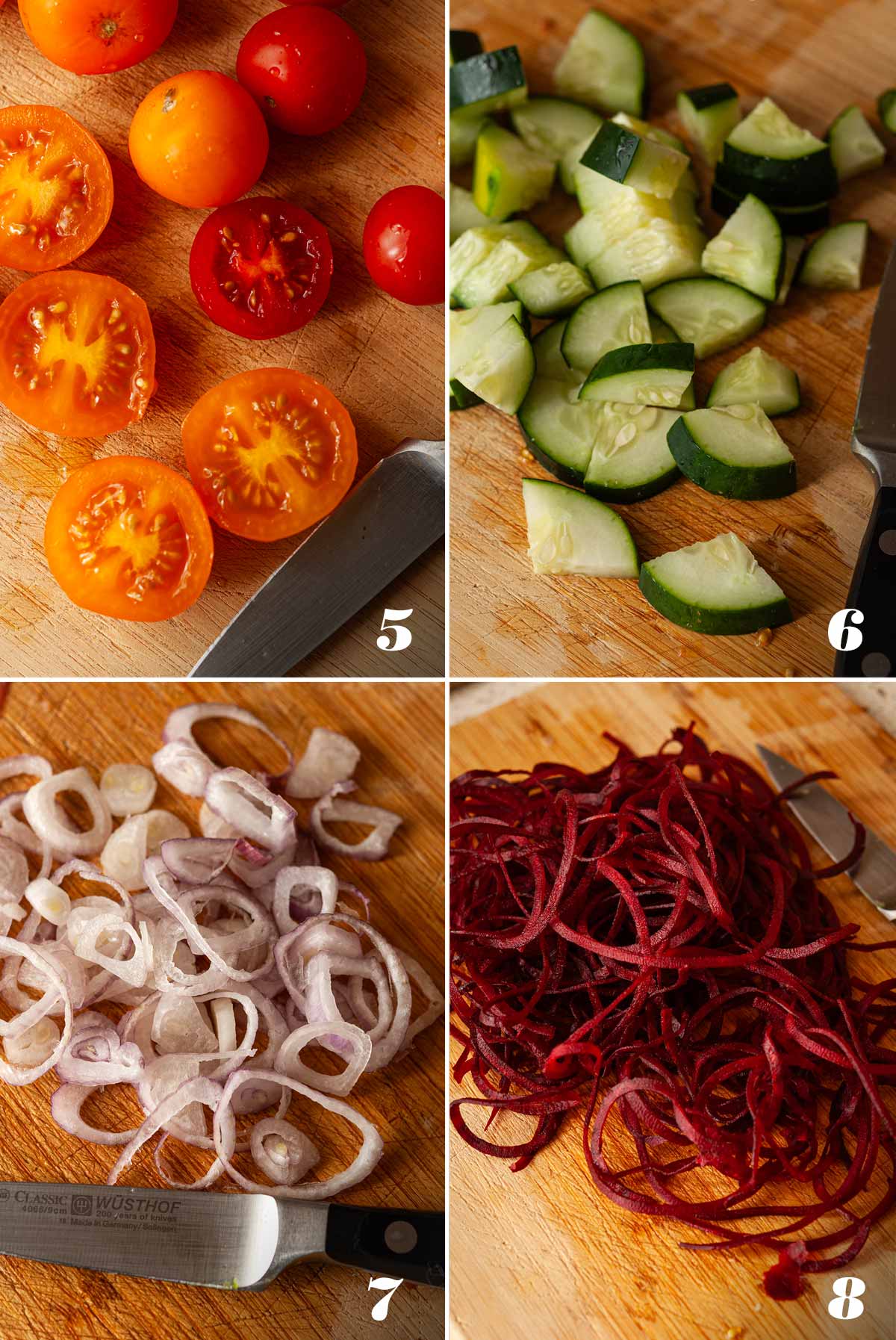 A collaged of 4 numbered images showing how to prep vegetables for salad.