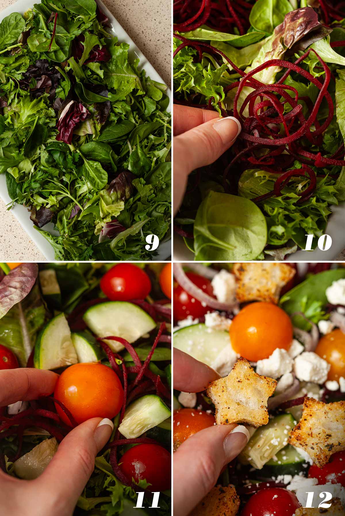 A collage of 4 numbered images showing how to assemble a salad.