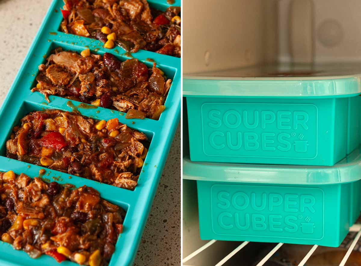2 images: Chili portioned into a silicone holder and stacked in a freezer.