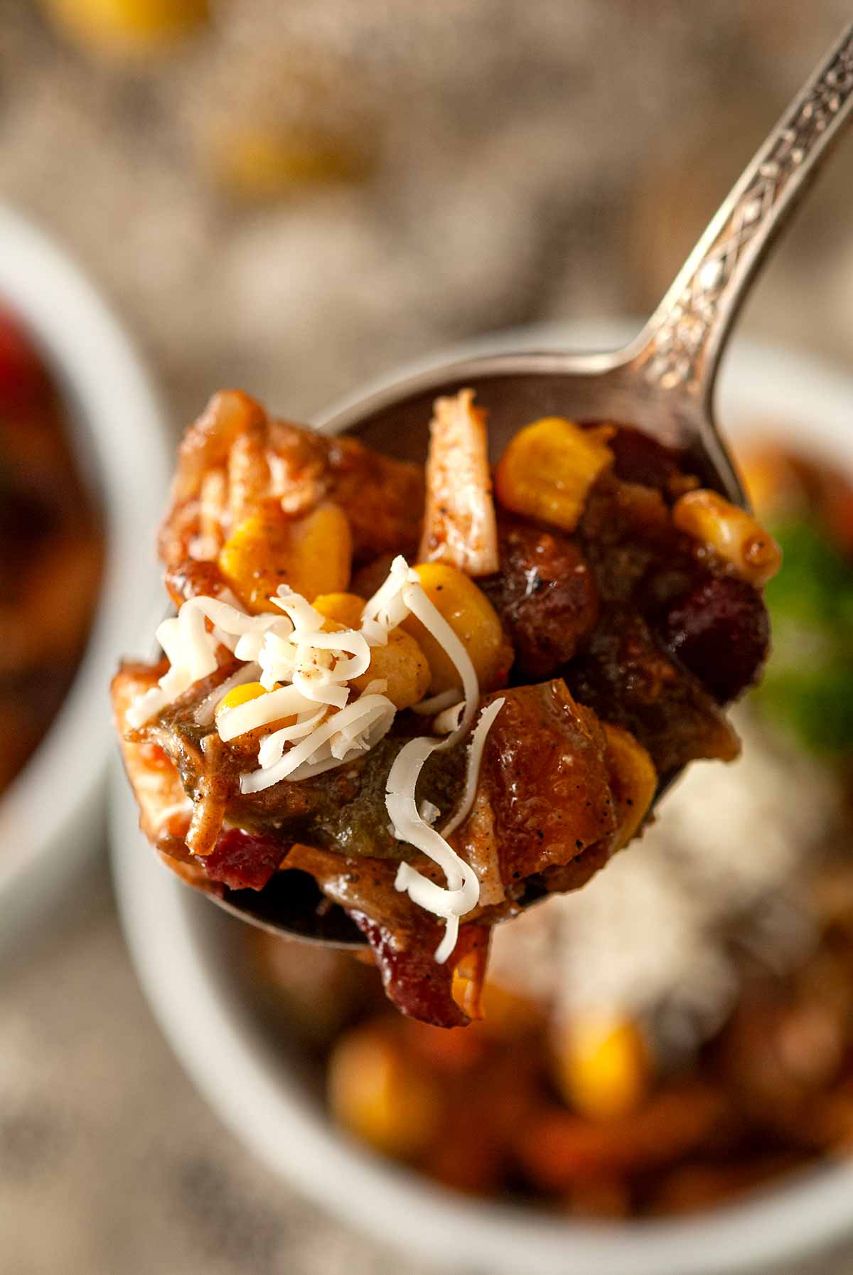 A spoon of turkey chili.