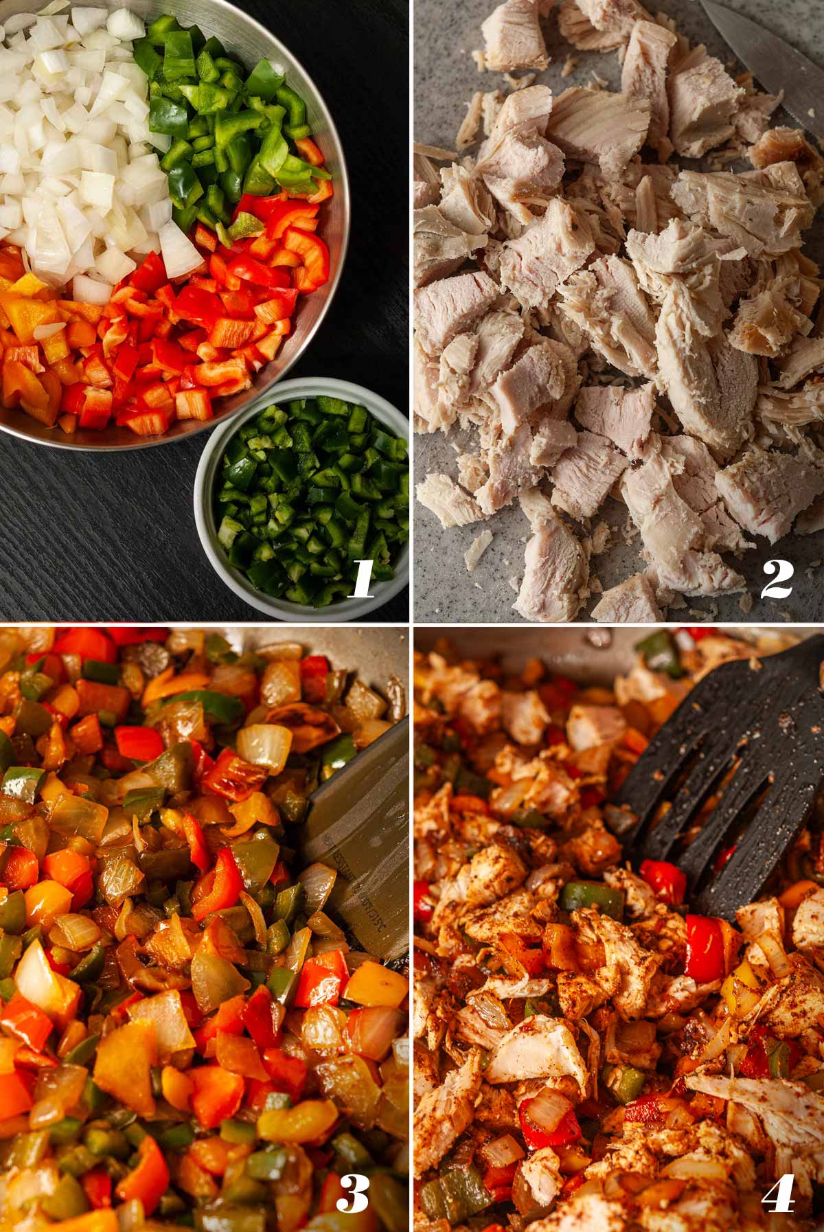A collage of 4 numbered images showing how to prep leftover turkey chili.