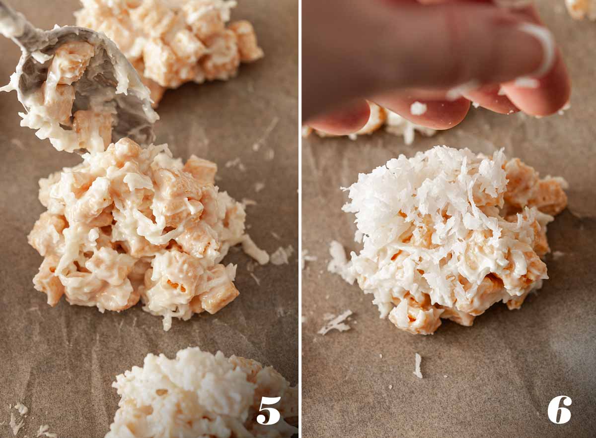 2 numbered images showing how to spoon and sprinkle coconut cookies.