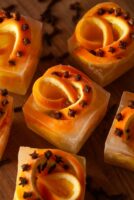 6 clove orange ice cubes surrounded by cloves.