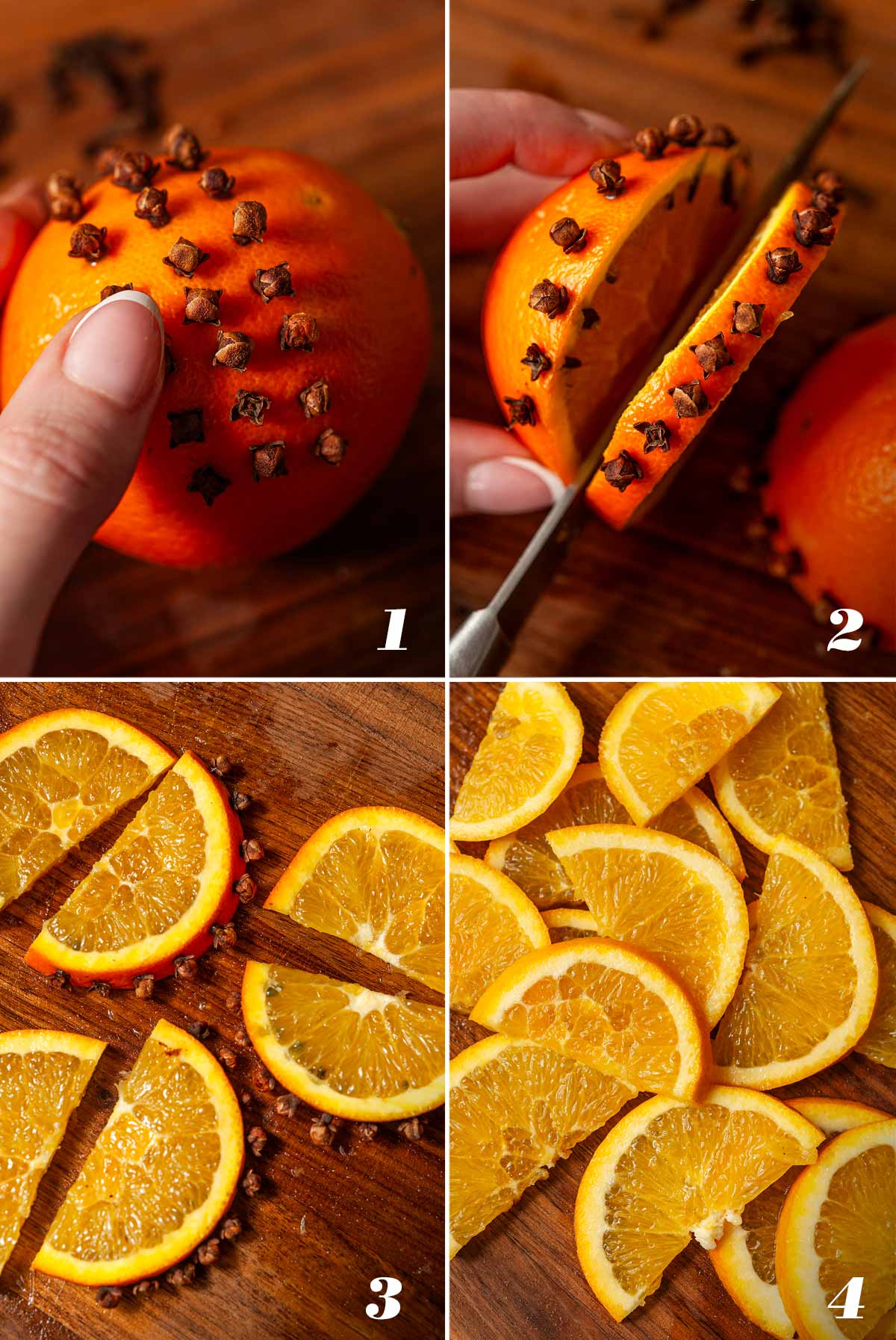 4 numbered images showing how to make clove orange rose ice cubes.