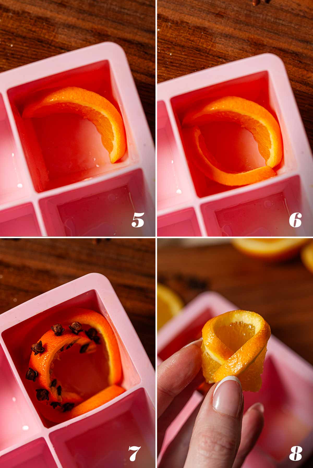 4 numbered images showing how to add orange slices to an ice tray.