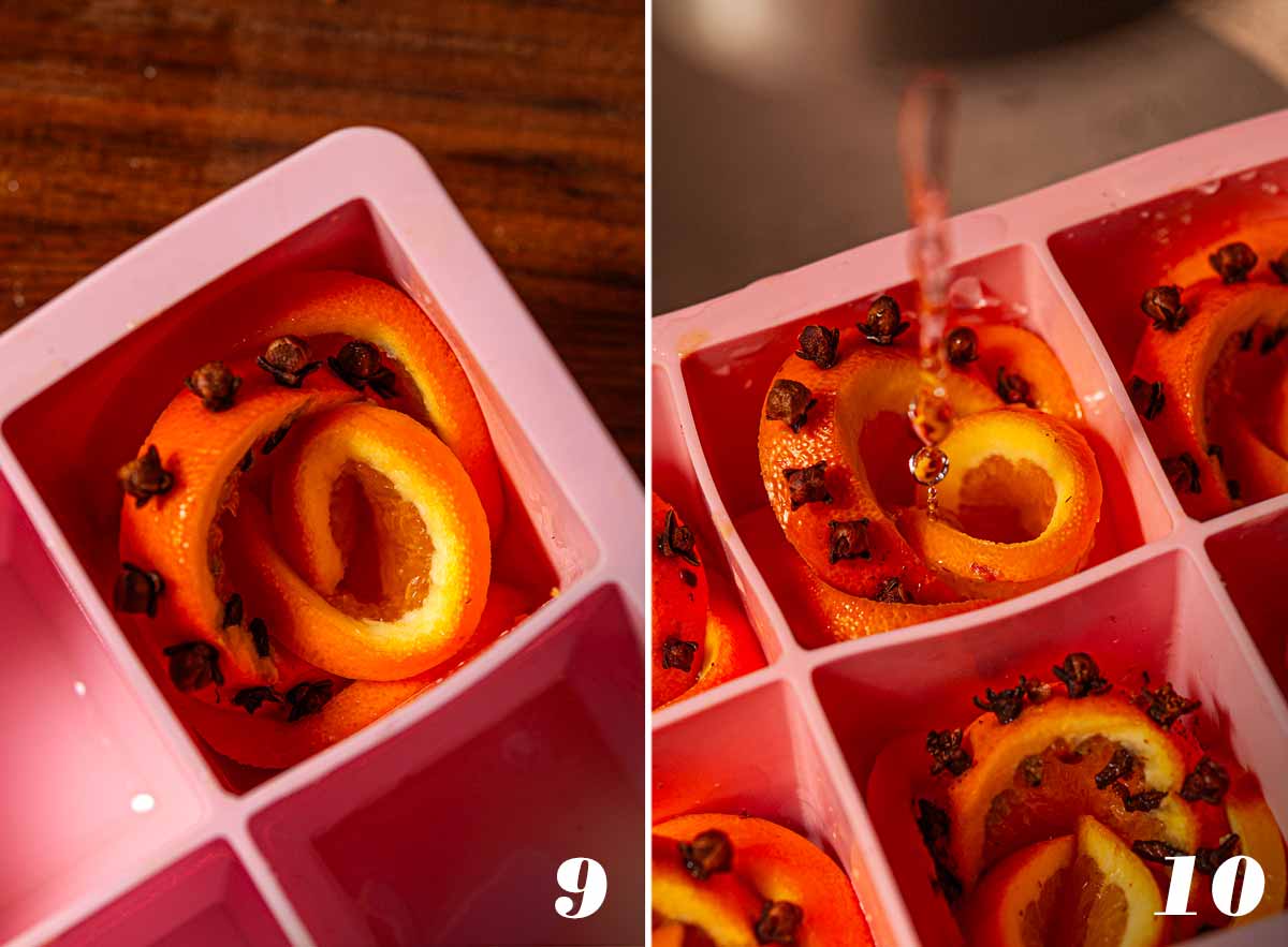 2 numbered images showing how to fill a clove orange rose ice tray.