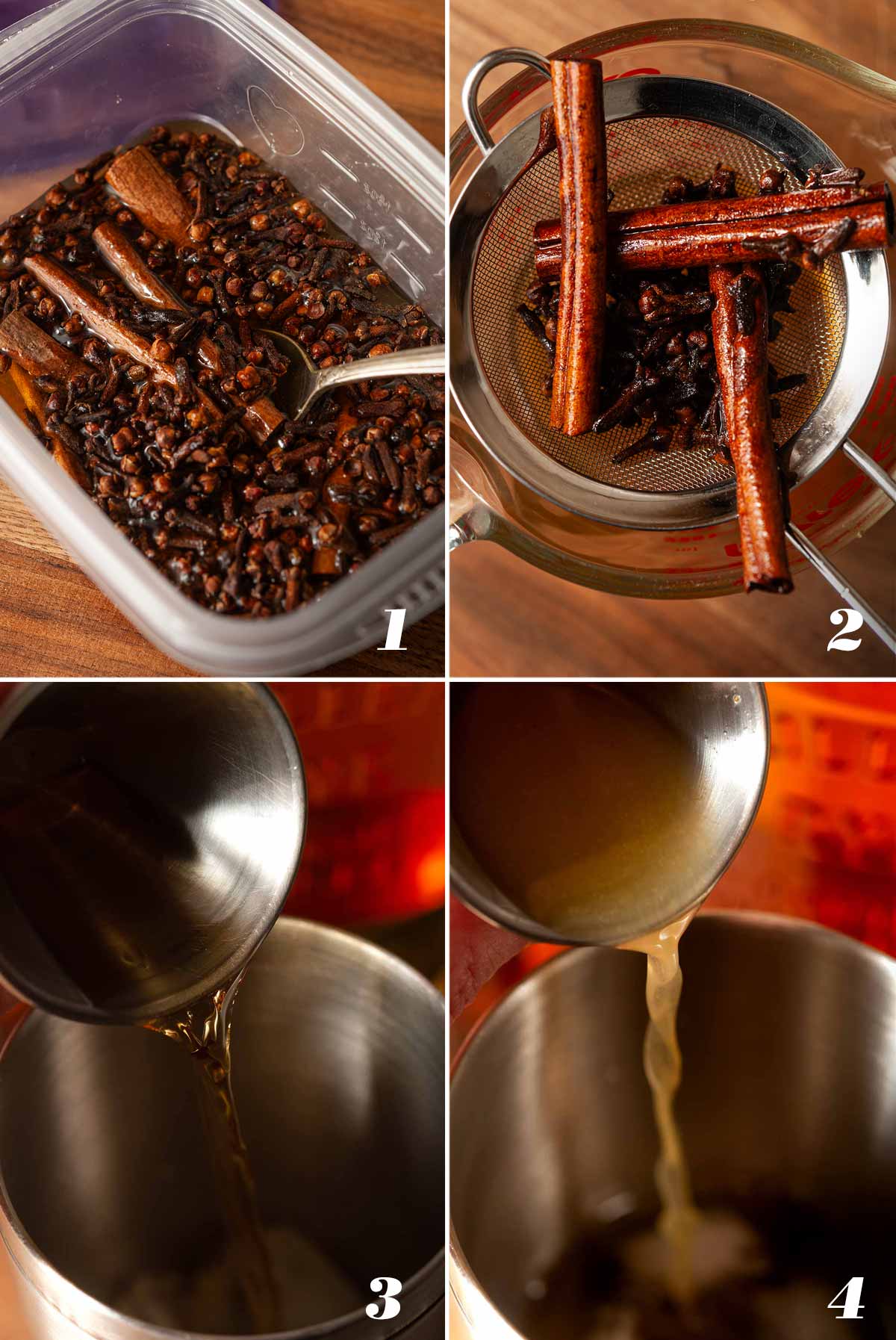 A collage of 4 numbered images showing how to make a Pomander cocktail.