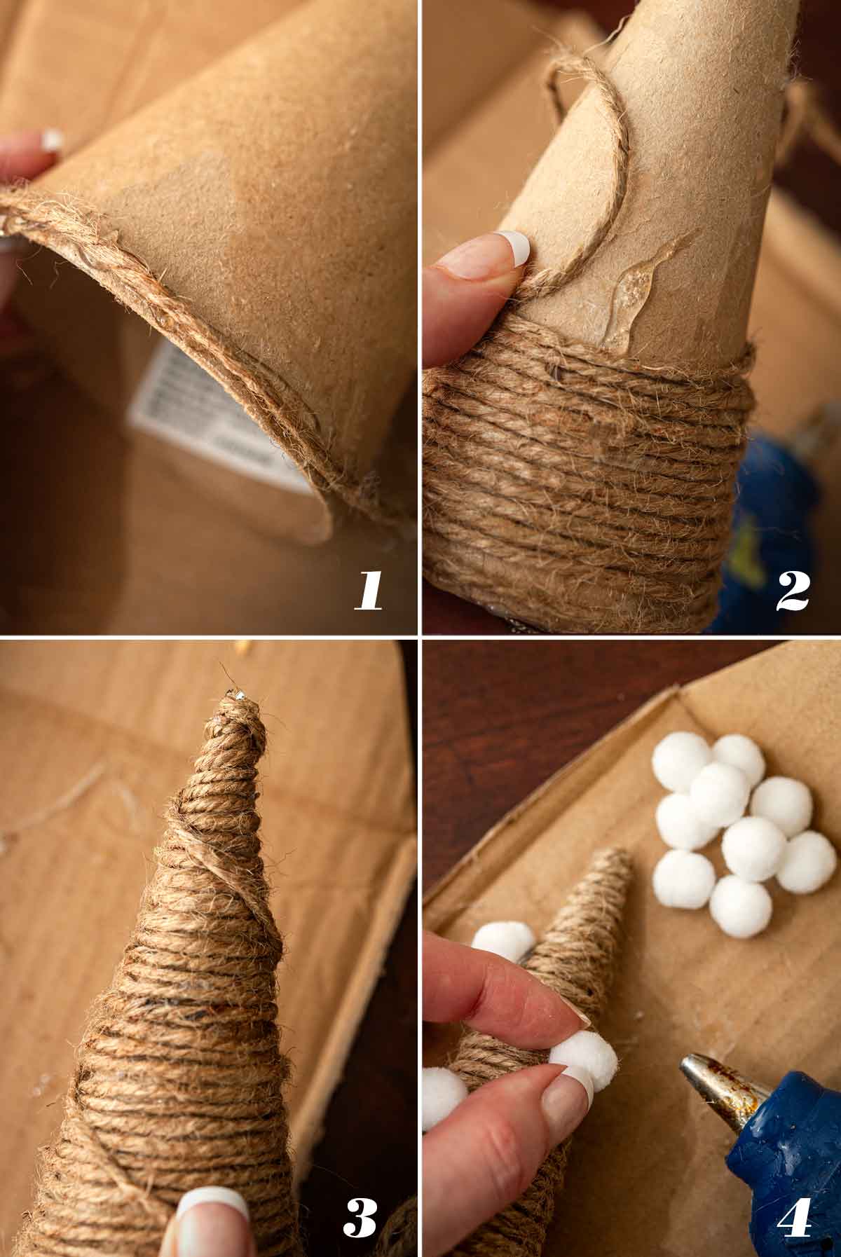 A collage of 4 numbered images showing how to make twine christmas tree decoratins.