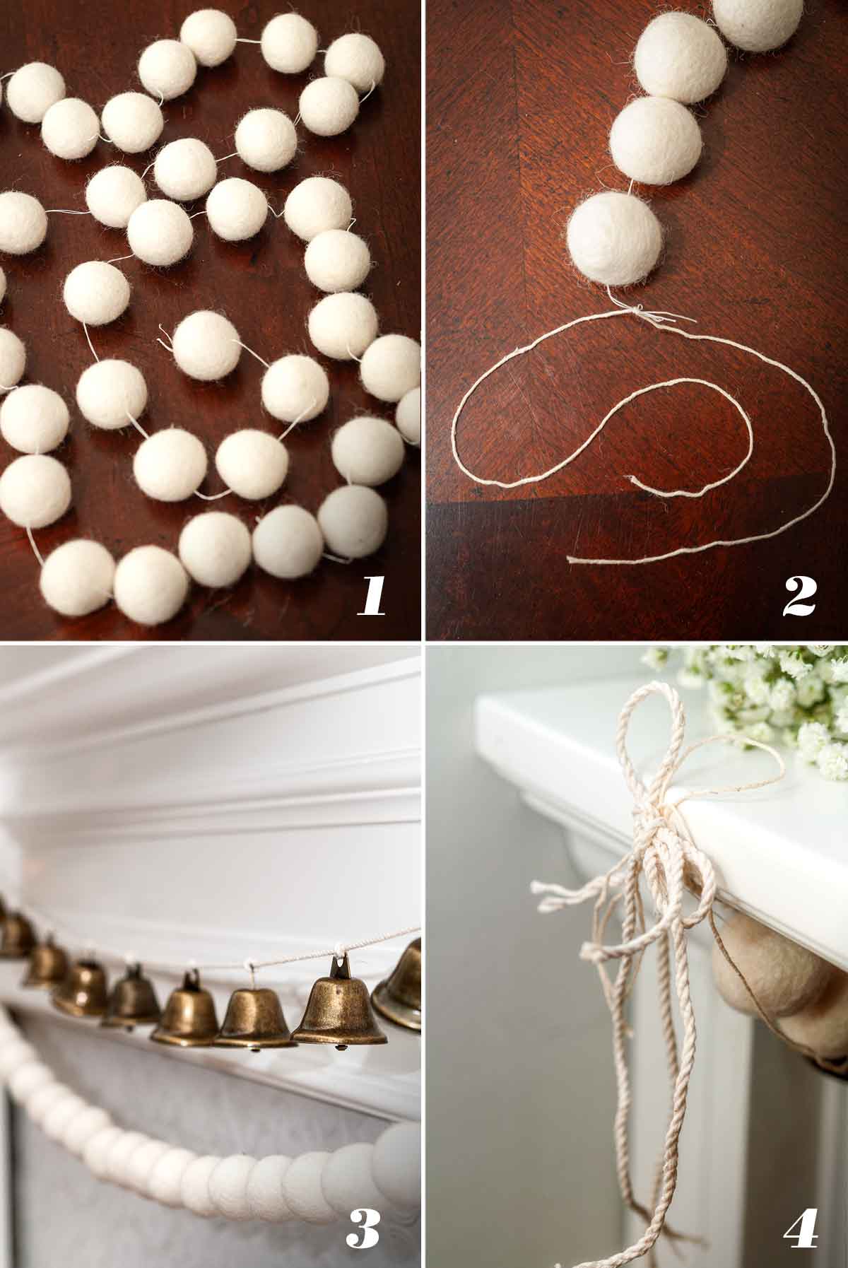A collage of 4 numbered images showing how to make ball garland.