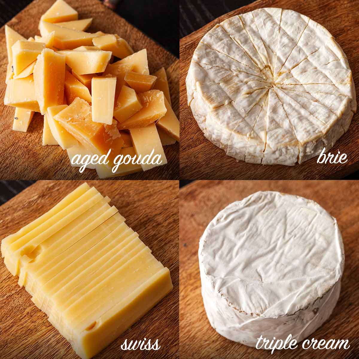 4 cheeses on a cheese board with titles describing what they are.
