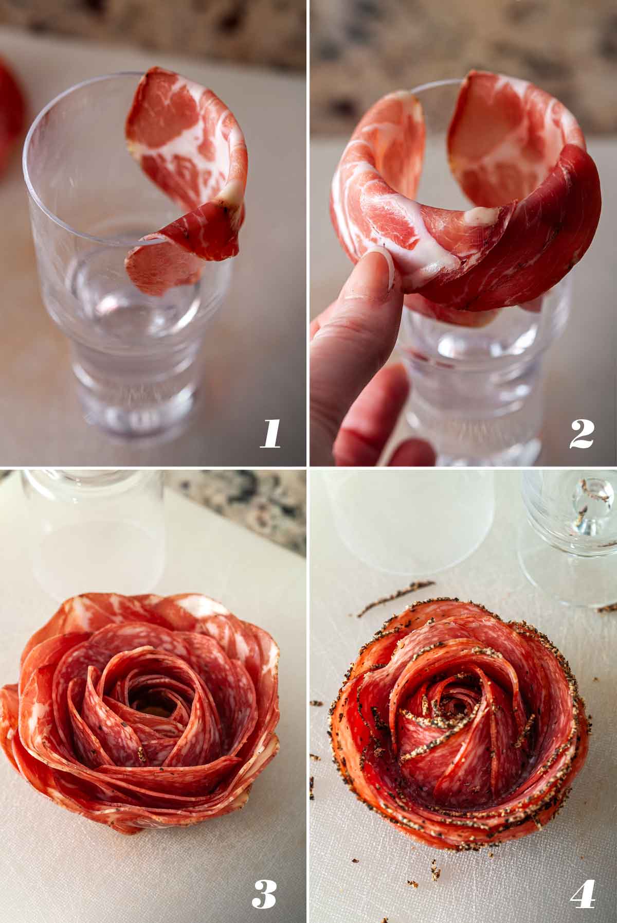4 numbered images showing how to make different kinds of meat roses.