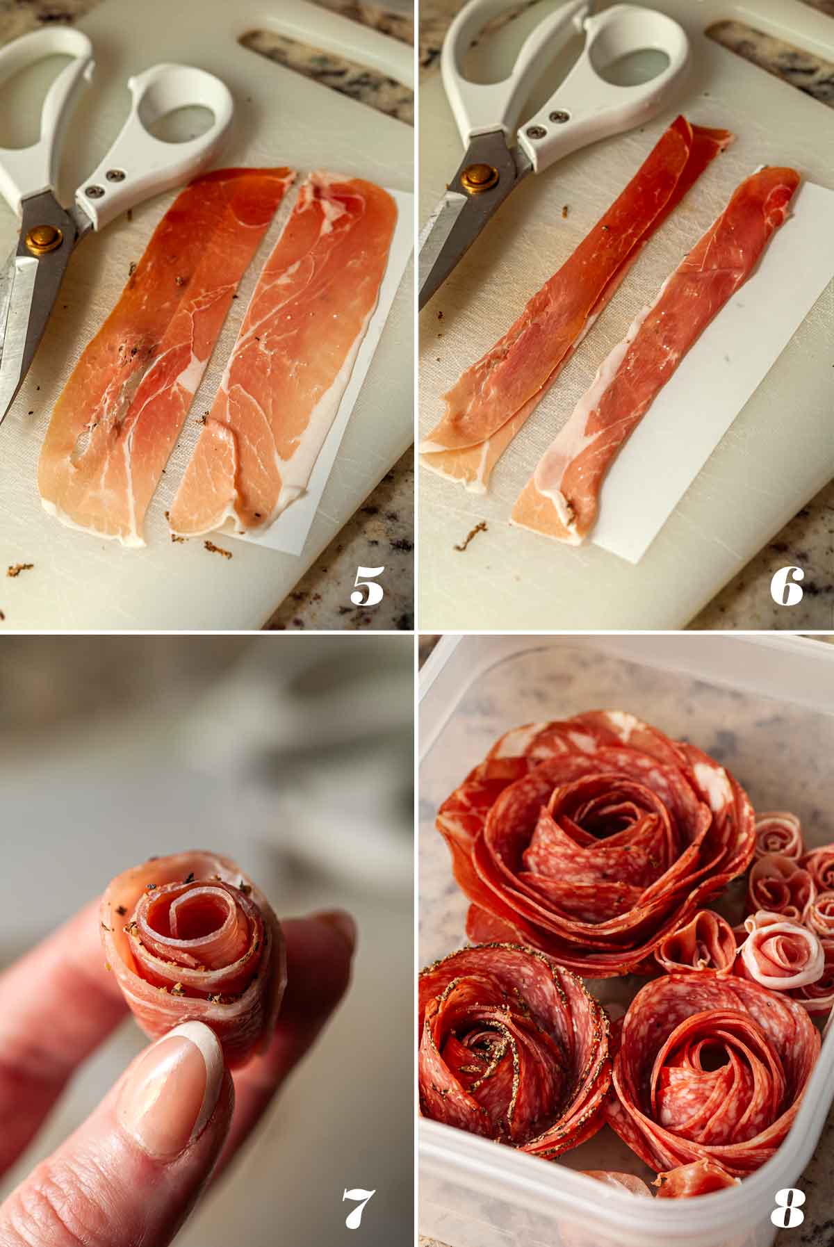 4 numbered images showing how to make meat roses.