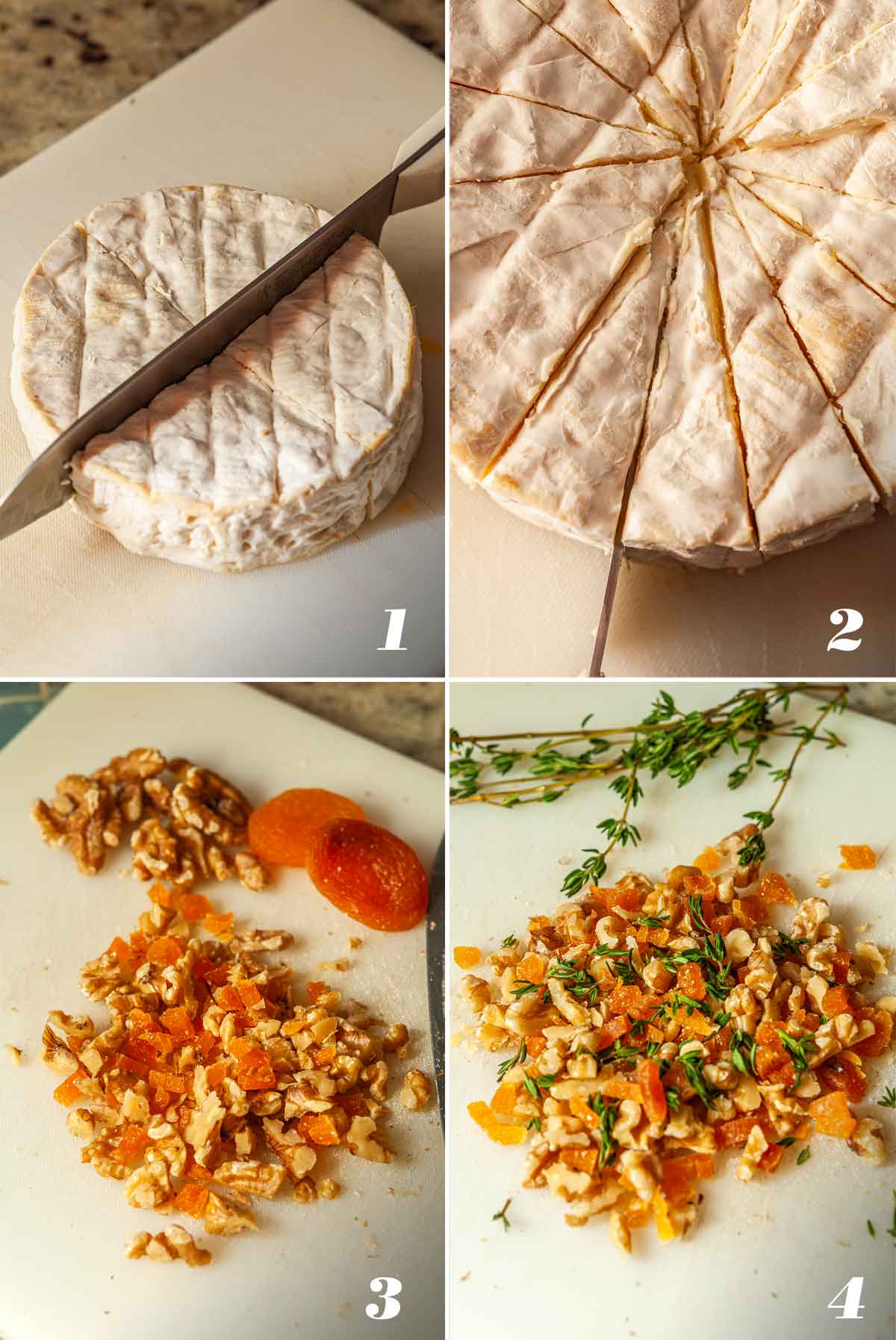 A collage of 4 numbered images showing how to slice cheese and make a nut and apricot topping.