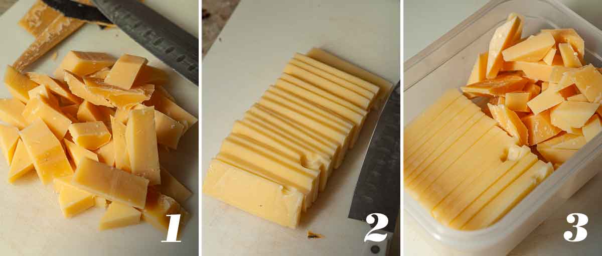 3 numbered images showing how to slice and chop cheese.