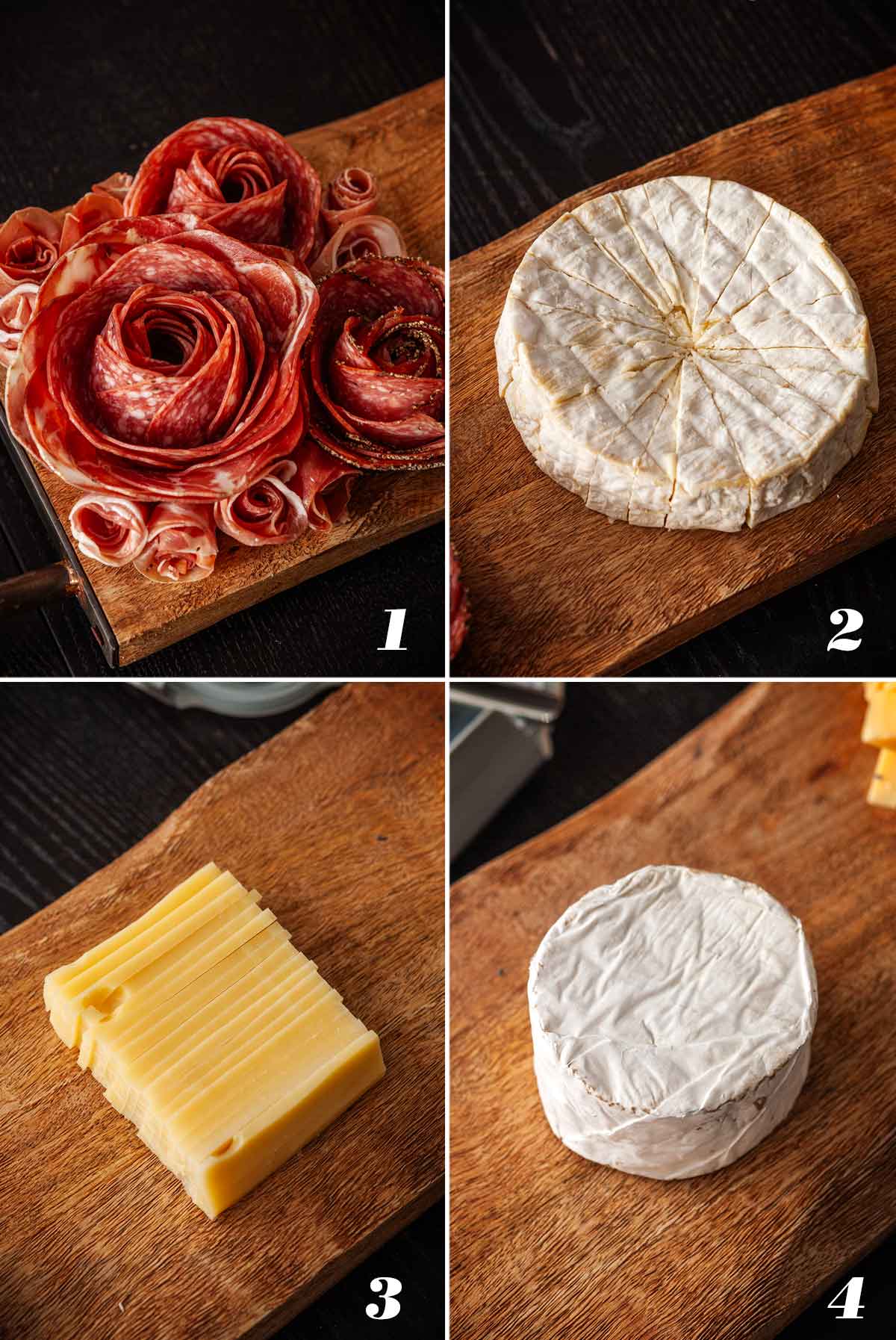 A collage of 4 numbered images showing how to add meat roses and 3 cheeses to a cheese board.