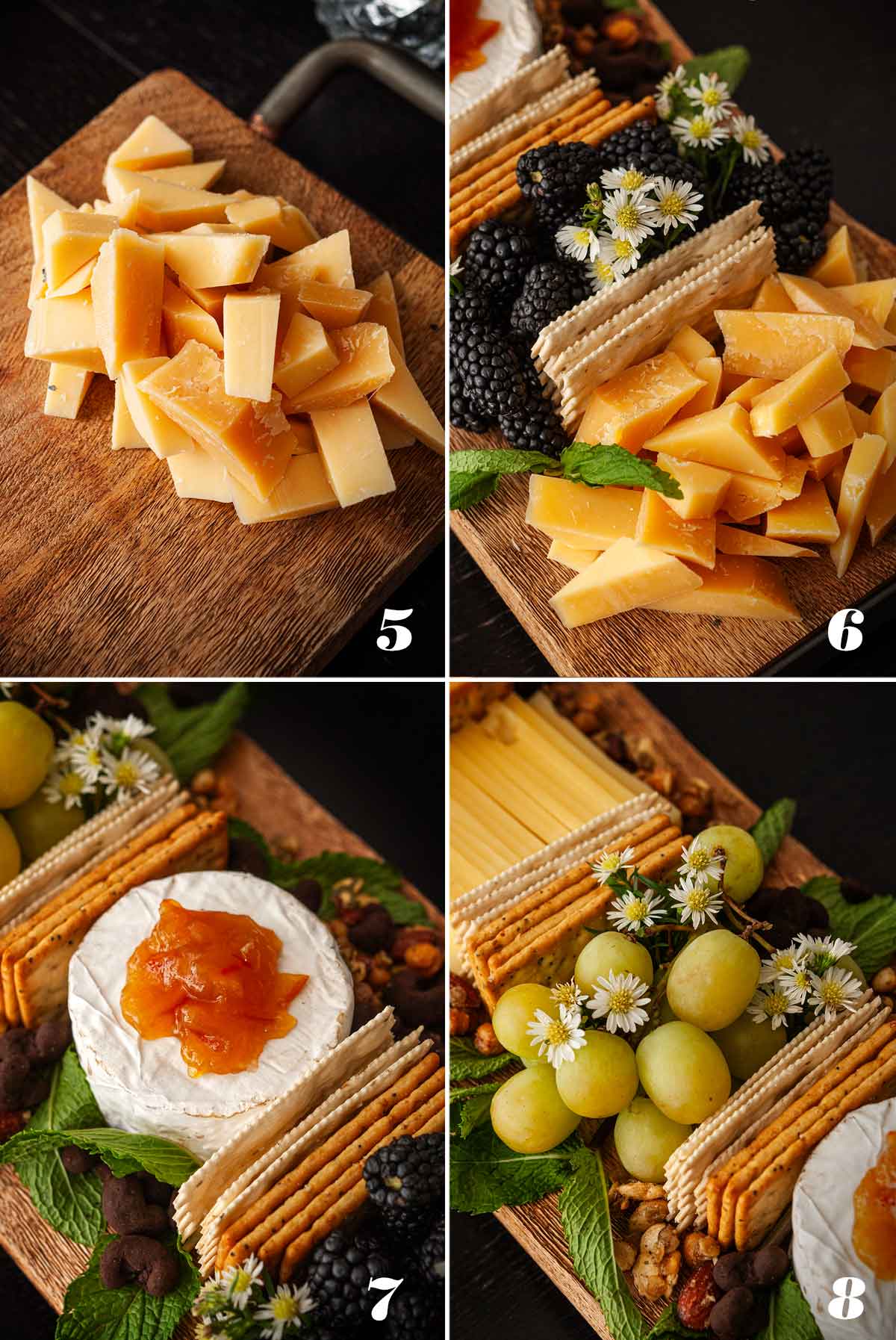 A collage of 4 numbered images showing how to add cheese and grapes to a cheeseboard.