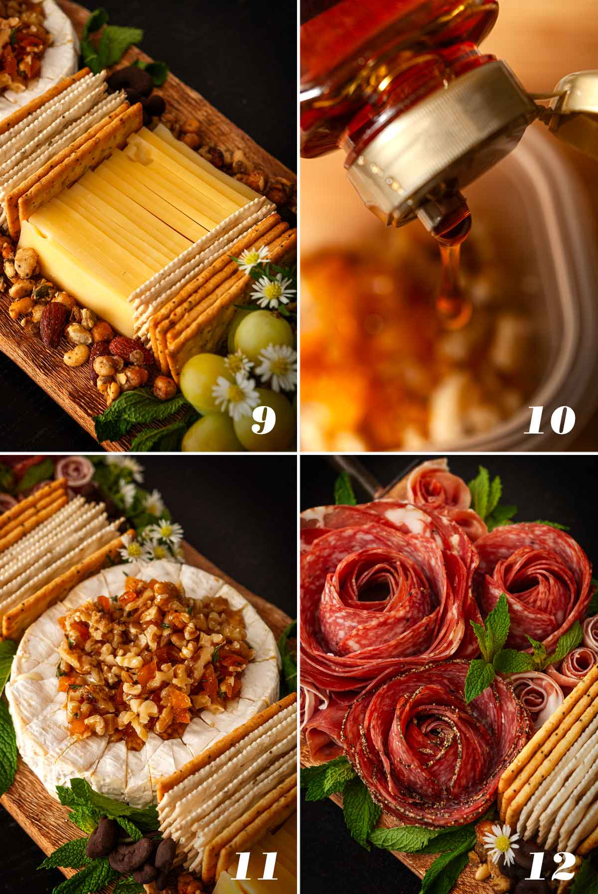 A collage of 4 numbered images showing how to add cheese and meat to a cheese board.