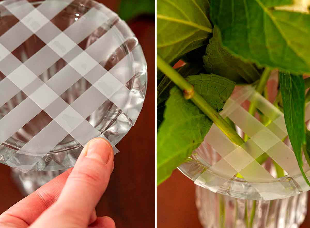 2 images showing how to make a grid with tape on a vase to hold flowers.
