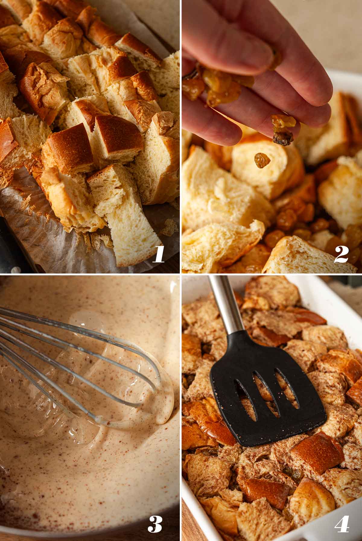 A collage of 4 numbered images showing how to prep bread for bread pudding.
