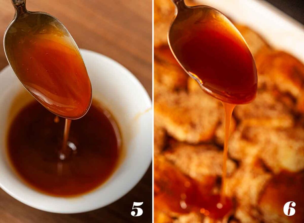 2 numbered images showing how to make and drizzle salted whisky caramel.