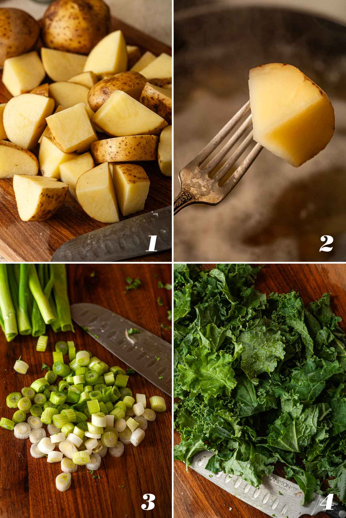 A collage of 4 numbered images showing how to prep potatoes, green onions and kale.