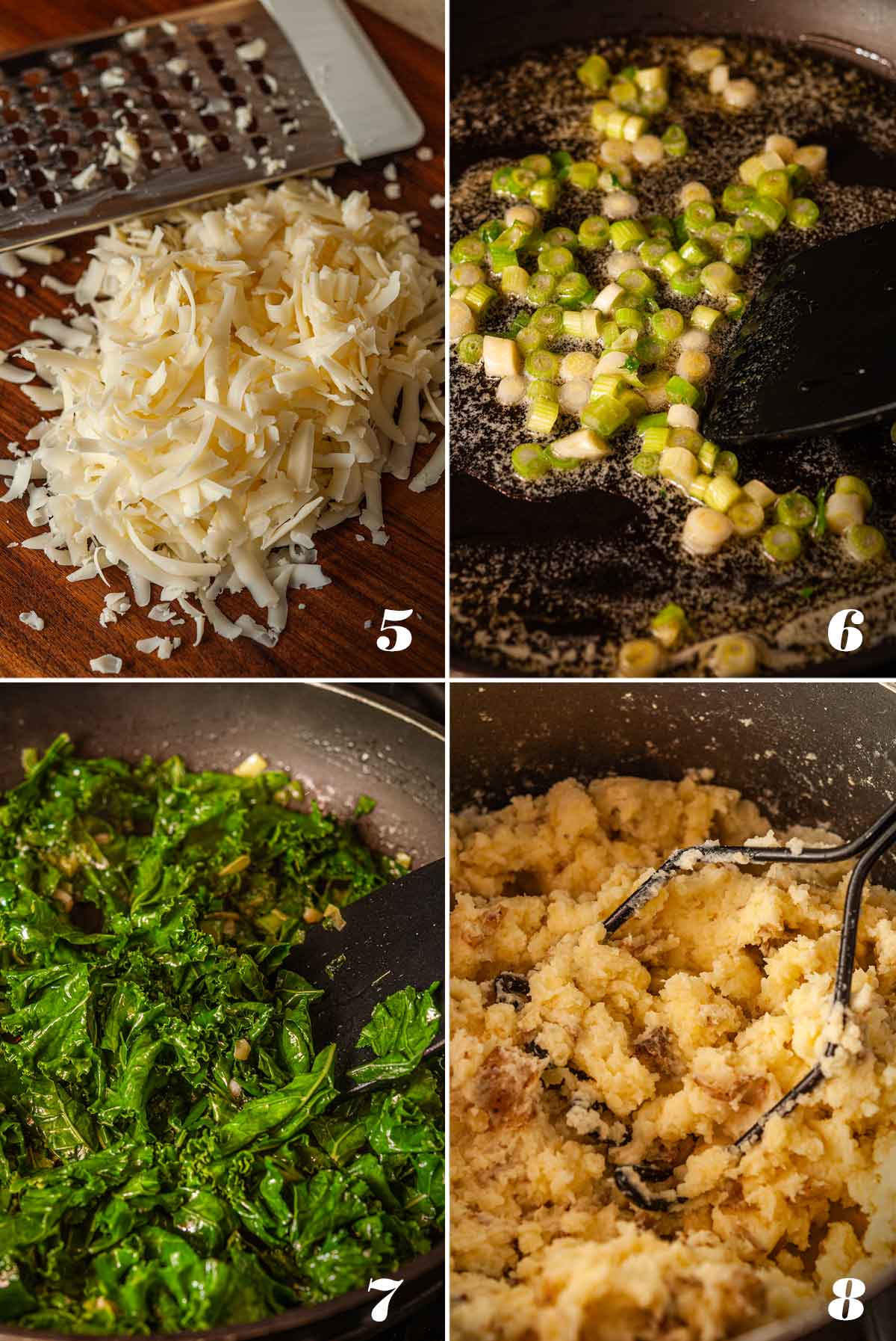 A collage of 4 numbered images showing how to prep ingredients and mash potatoes.