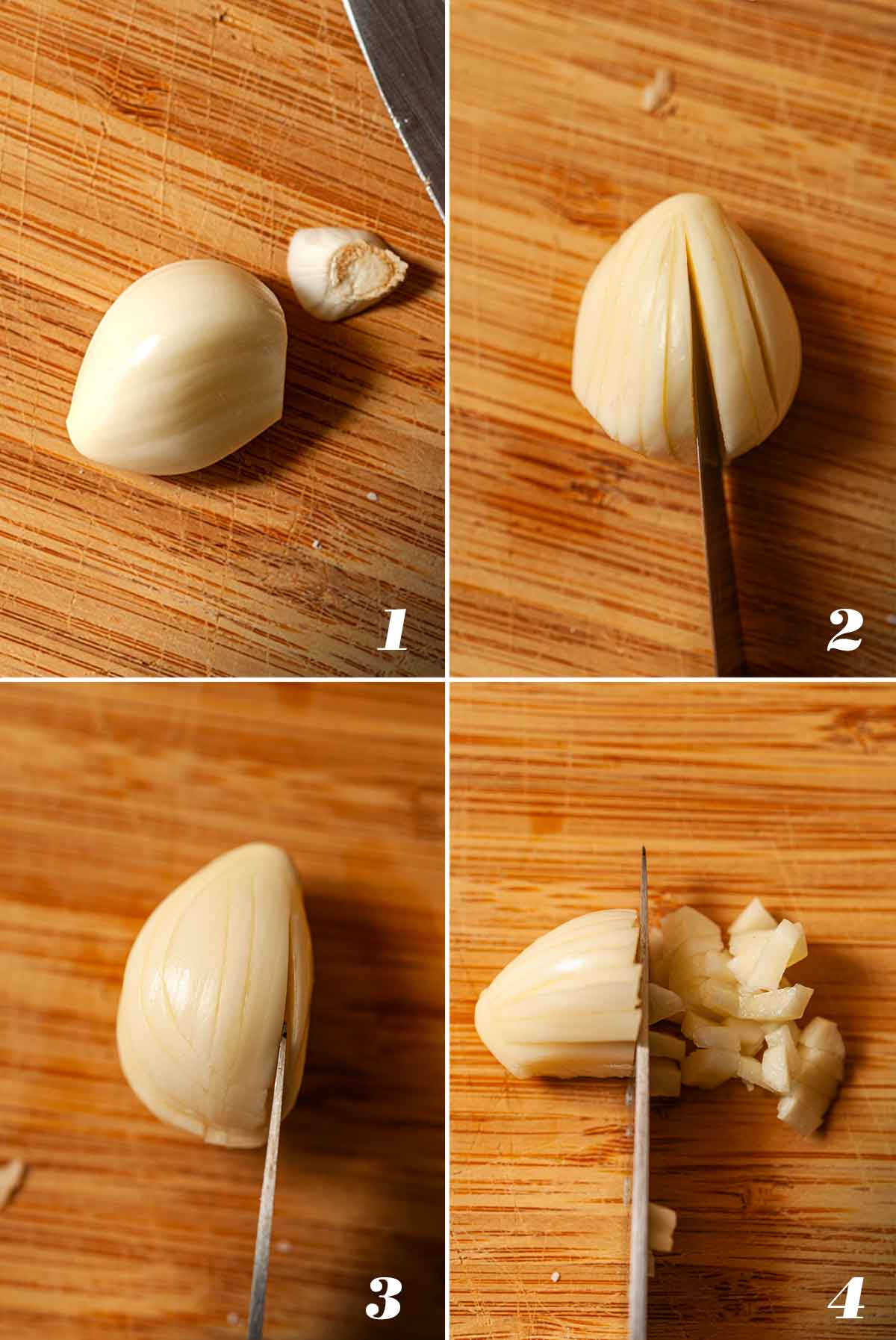 A collage of 4 numbered images showing how to mince garlic.